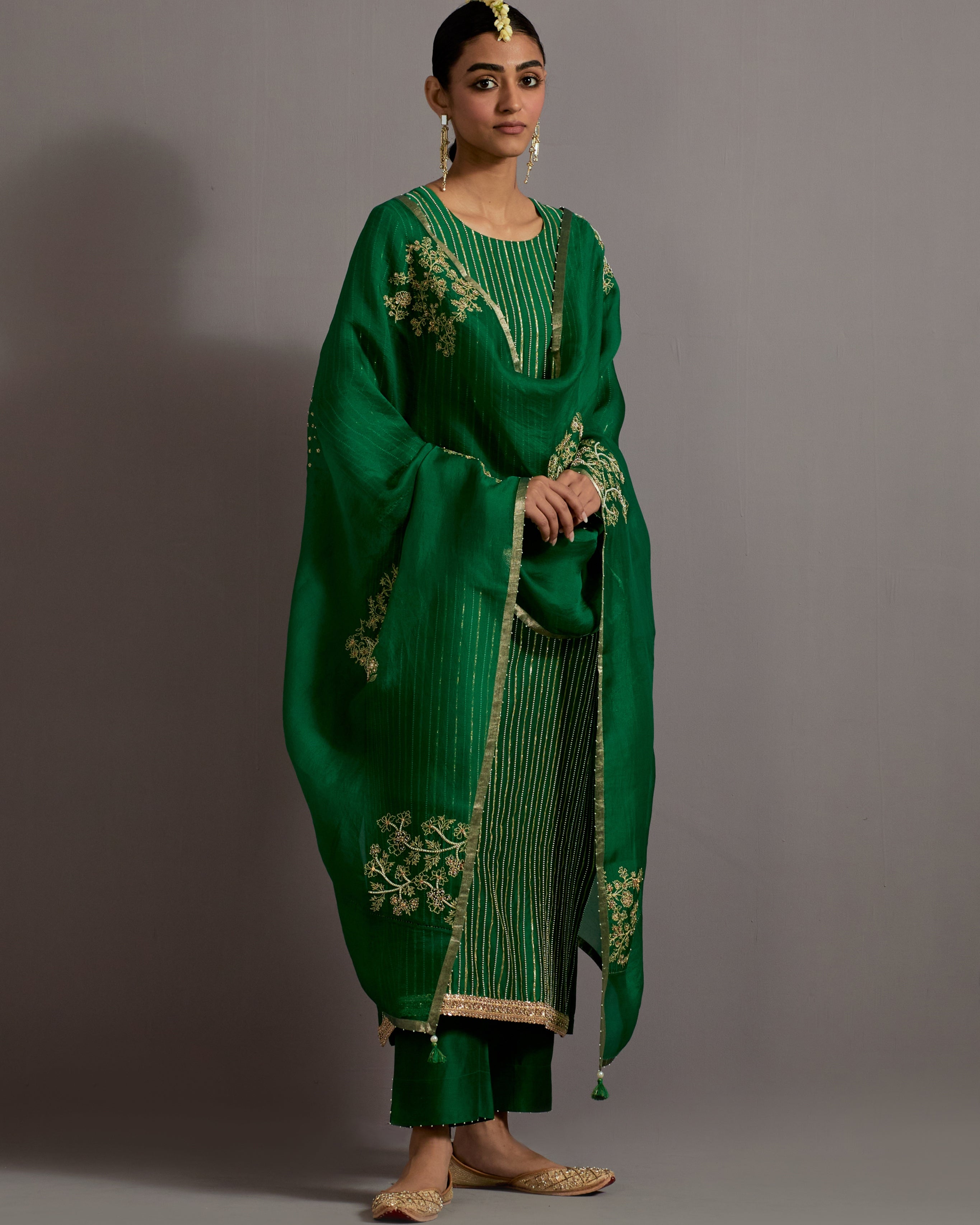 Green Stripes Hand Embroidered Straight Kurta Set