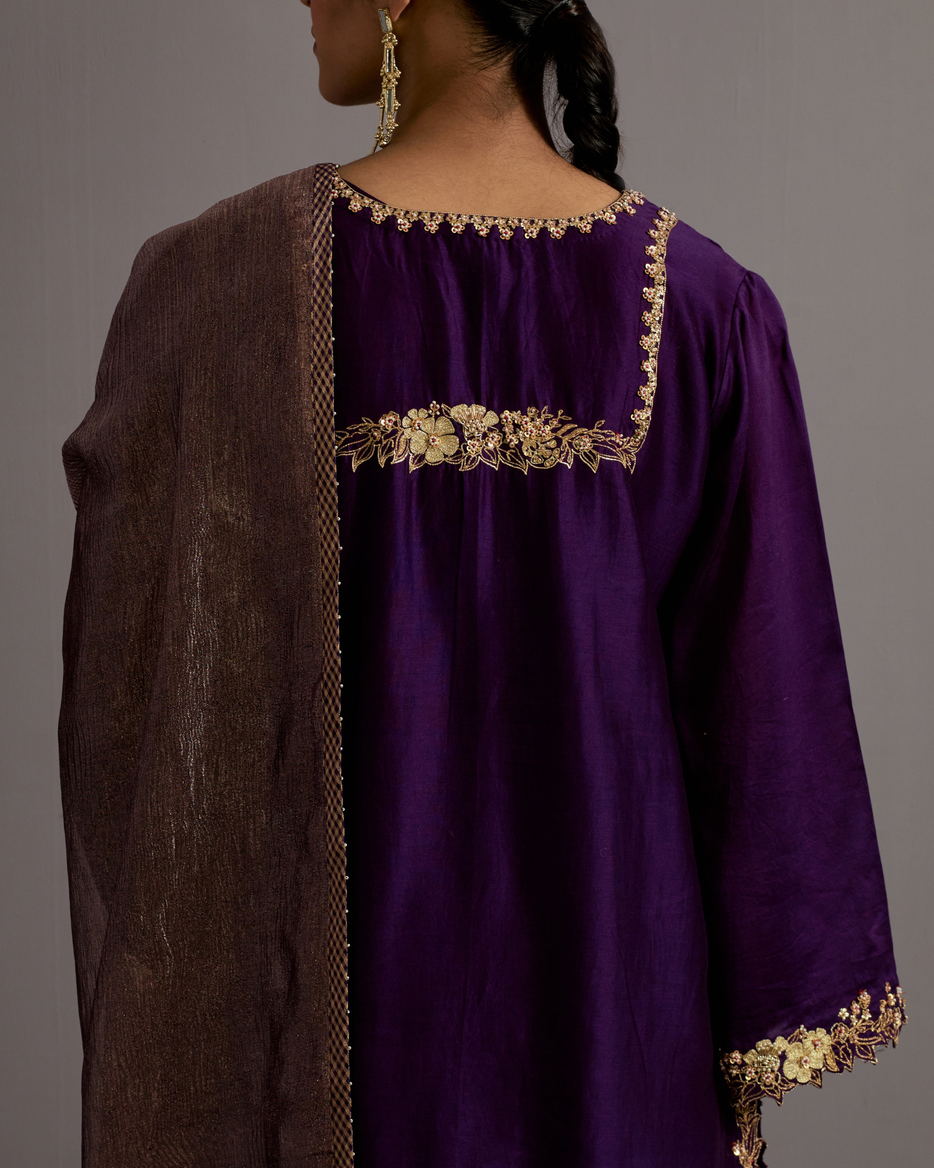 Aubergine Guccha Jaal Embroidered Short Kurta Sharara Set