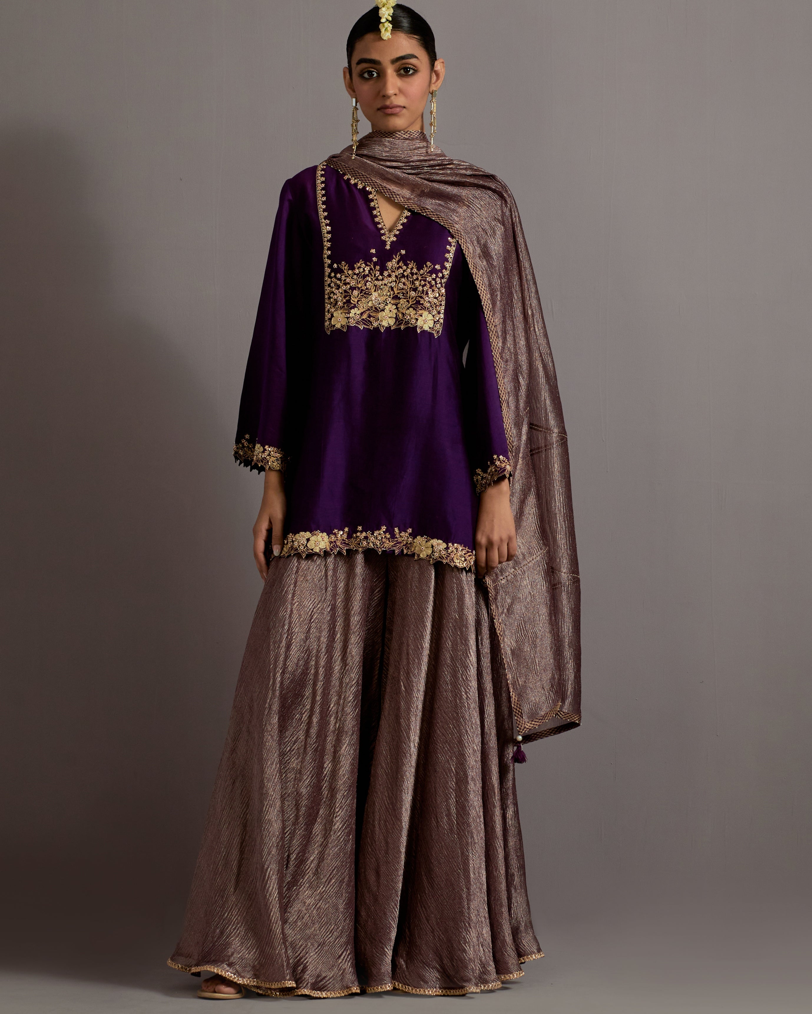 Aubergine Guccha Jaal Embroidered Short Kurta Sharara Set