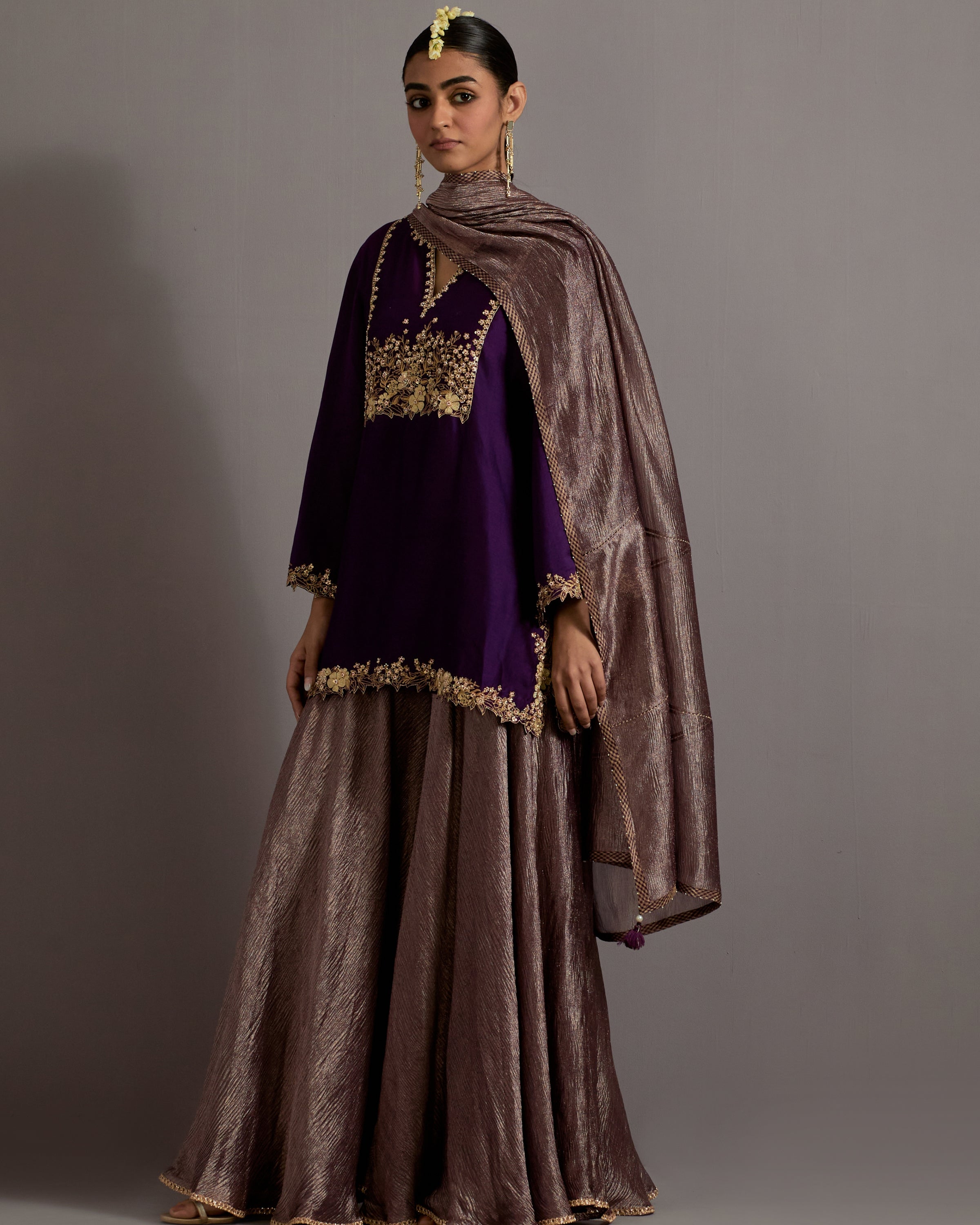 Aubergine Guccha Jaal Embroidered Short Kurta Sharara Set