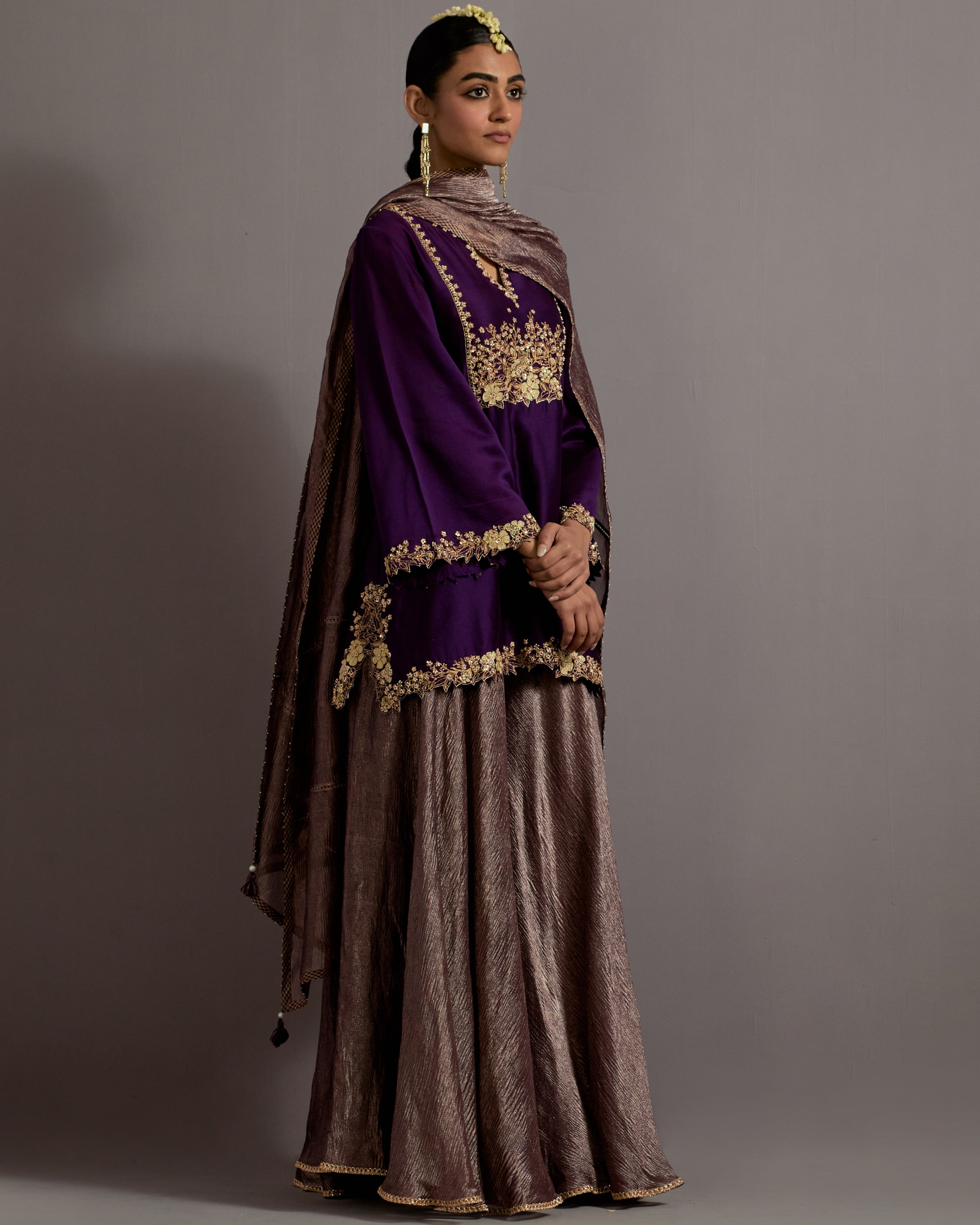Aubergine Guccha Jaal Embroidered Short Kurta Sharara Set