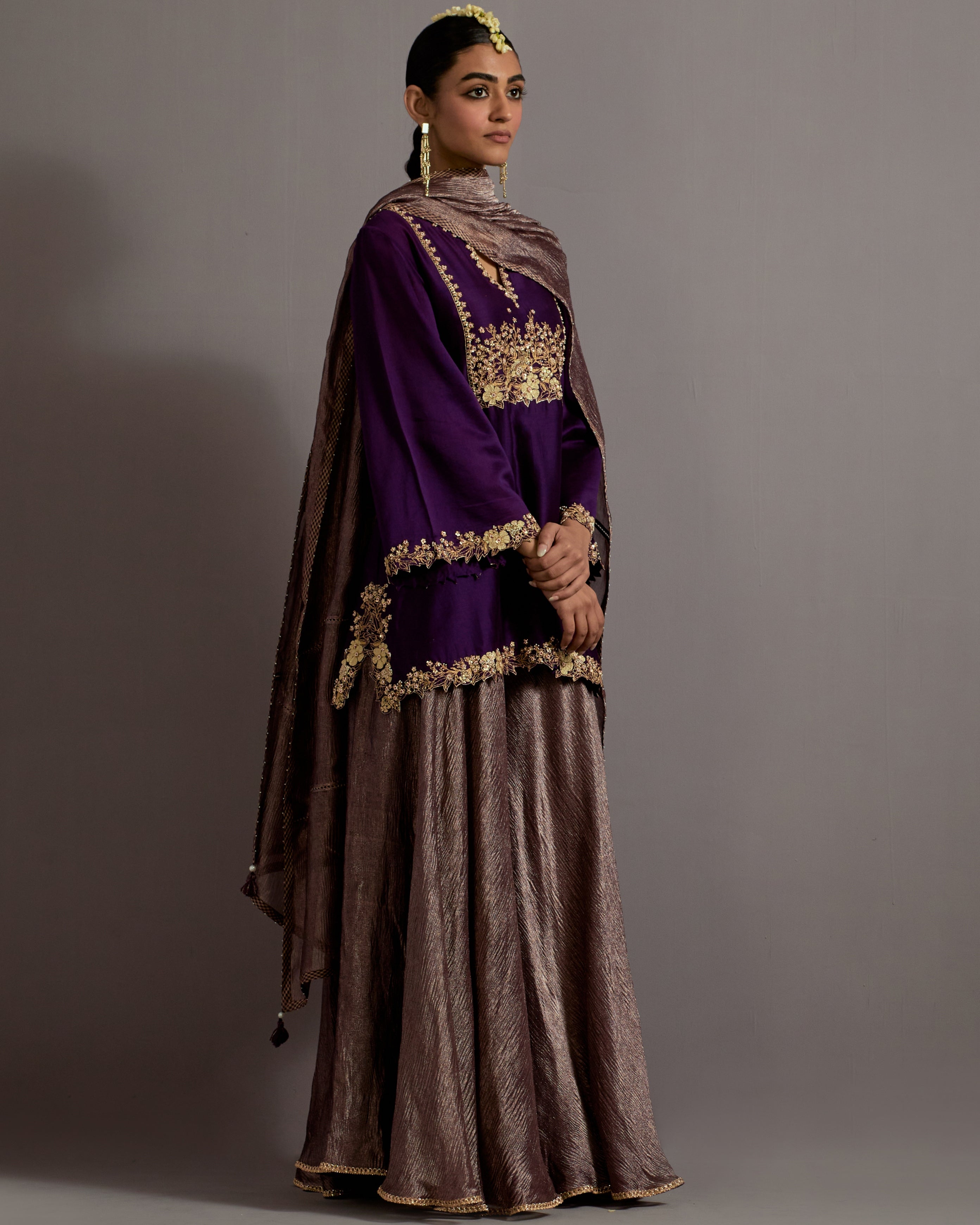 Aubergine Guccha Jaal Embroidered Short Kurta Sharara Set