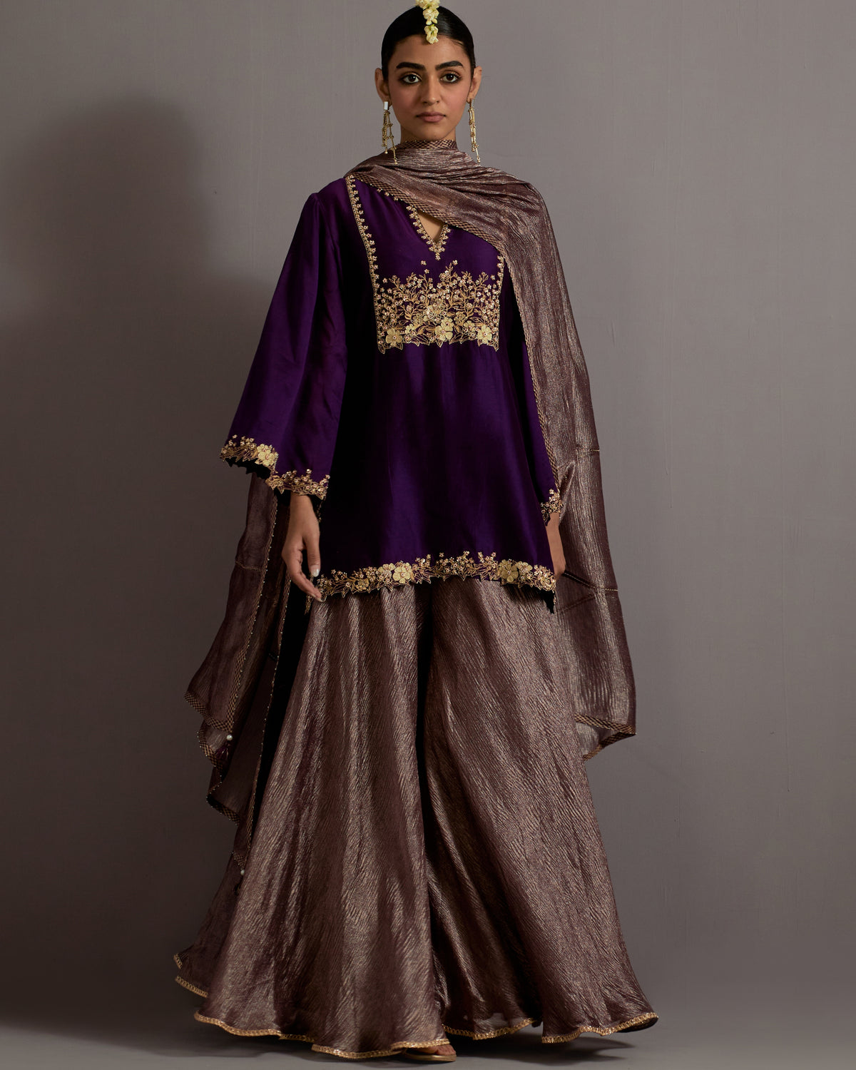 Aubergine Guccha Jaal Embroidered Short Kurta Sharara Set
