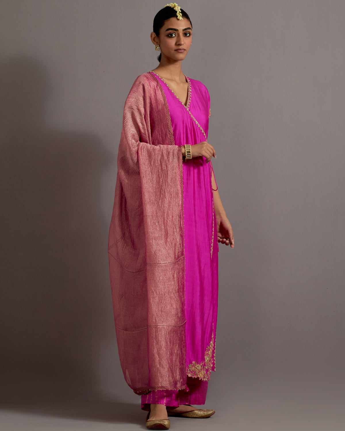 Fuchsia Pink Guccha Embroidered Straight Angrakha Set