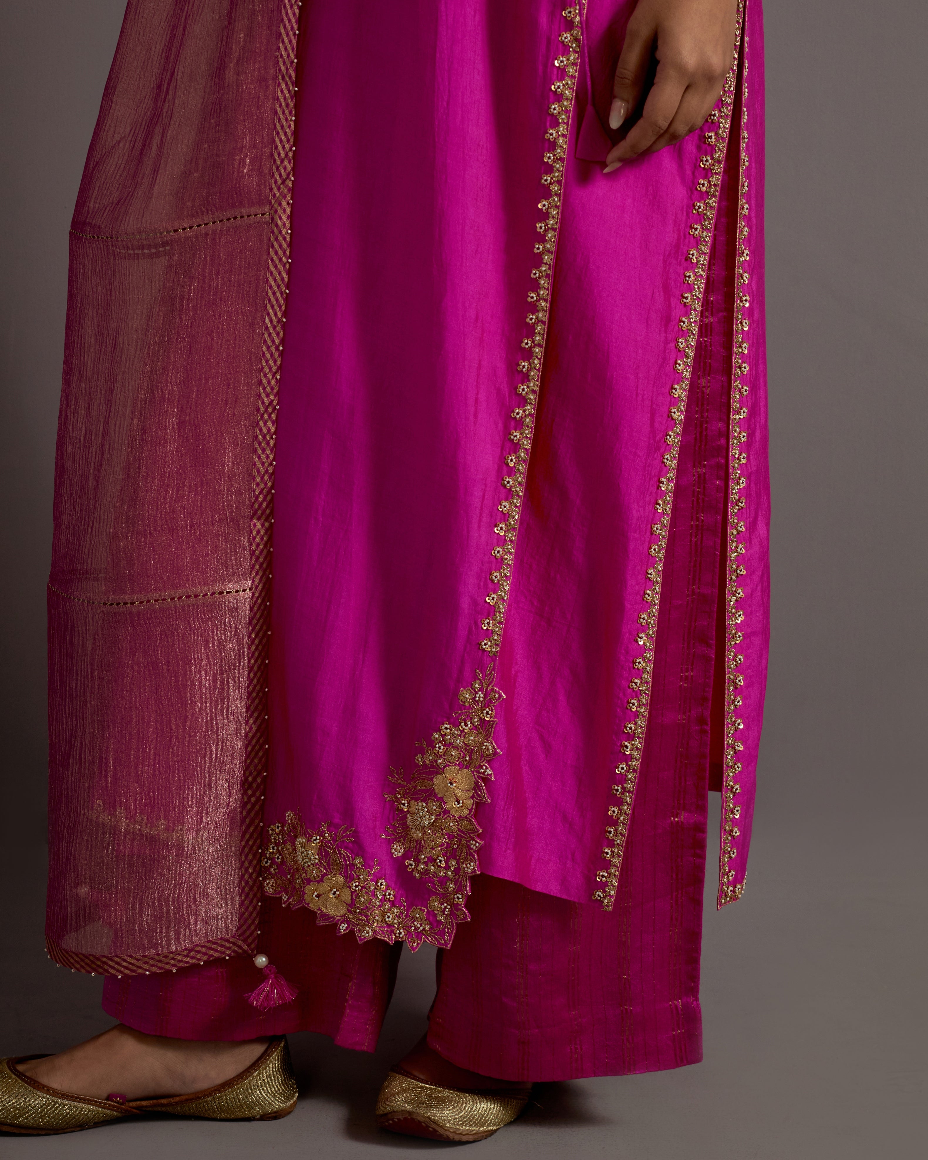 Fuchsia Pink Guccha Embroidered Straight Angrakha Set