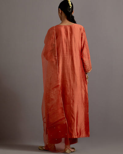 Orange Boota And Stripes Embroidered Straight Kurta Set