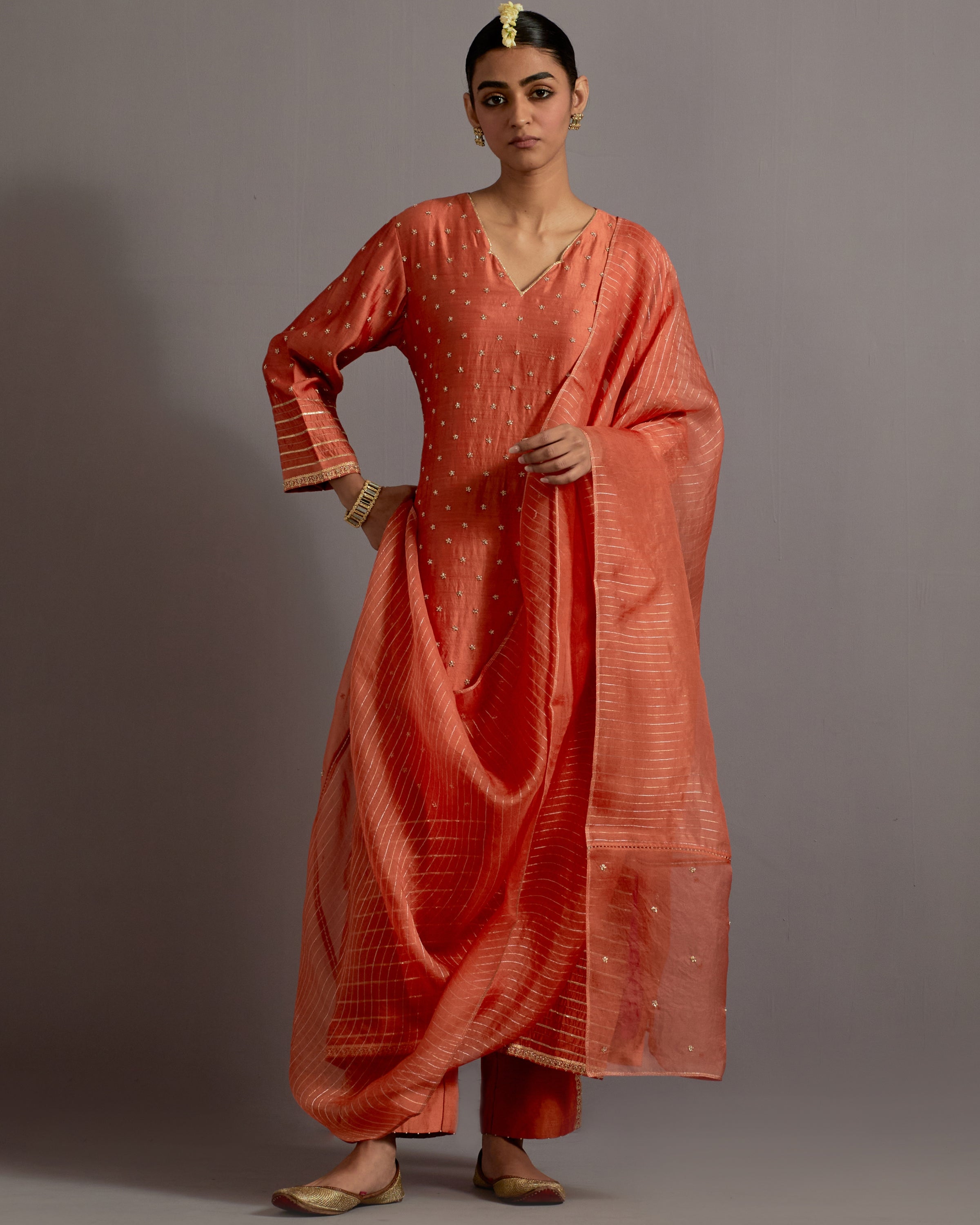 Orange Boota And Stripes Embroidered Straight Kurta Set