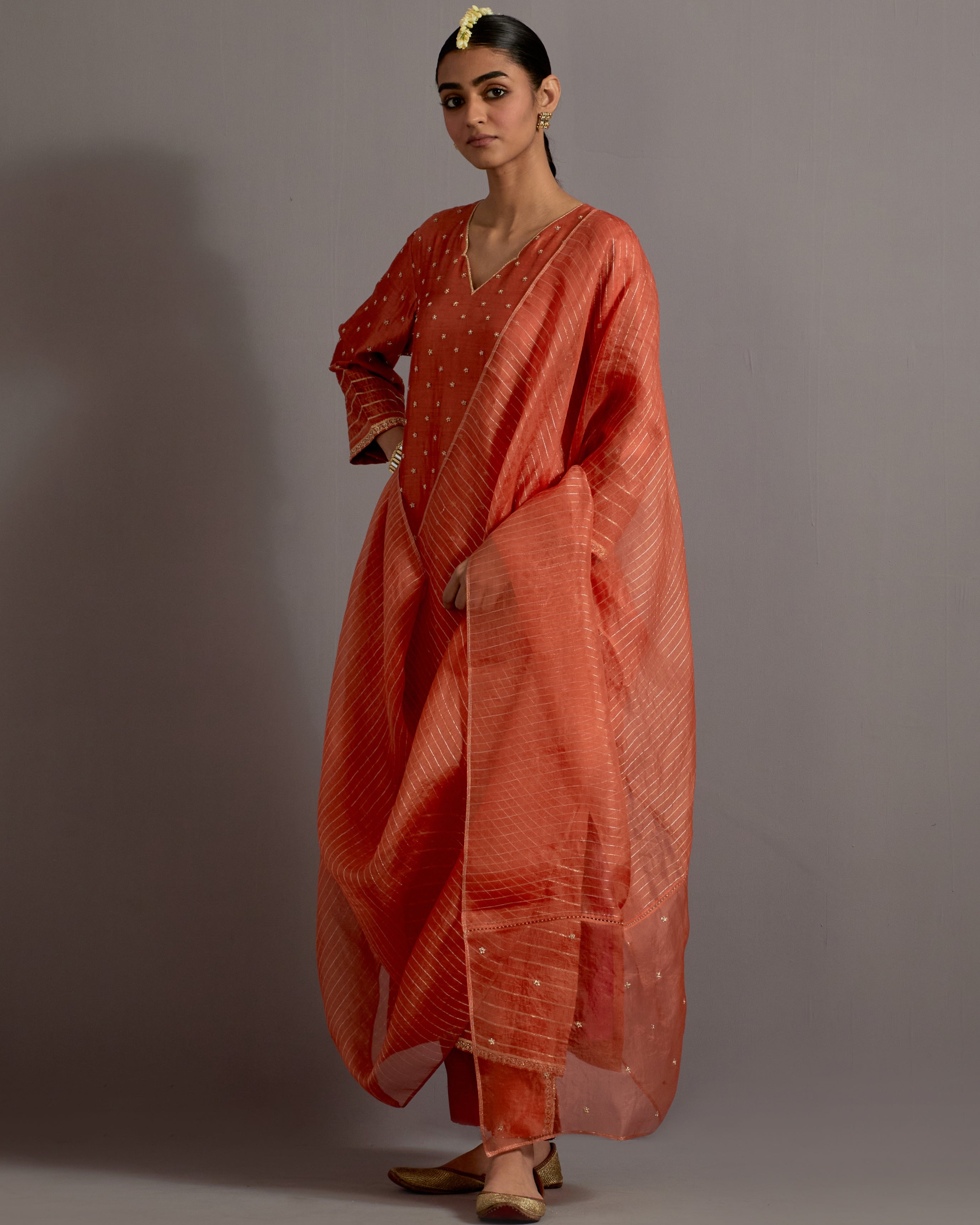 Orange Boota And Stripes Embroidered Straight Kurta Set