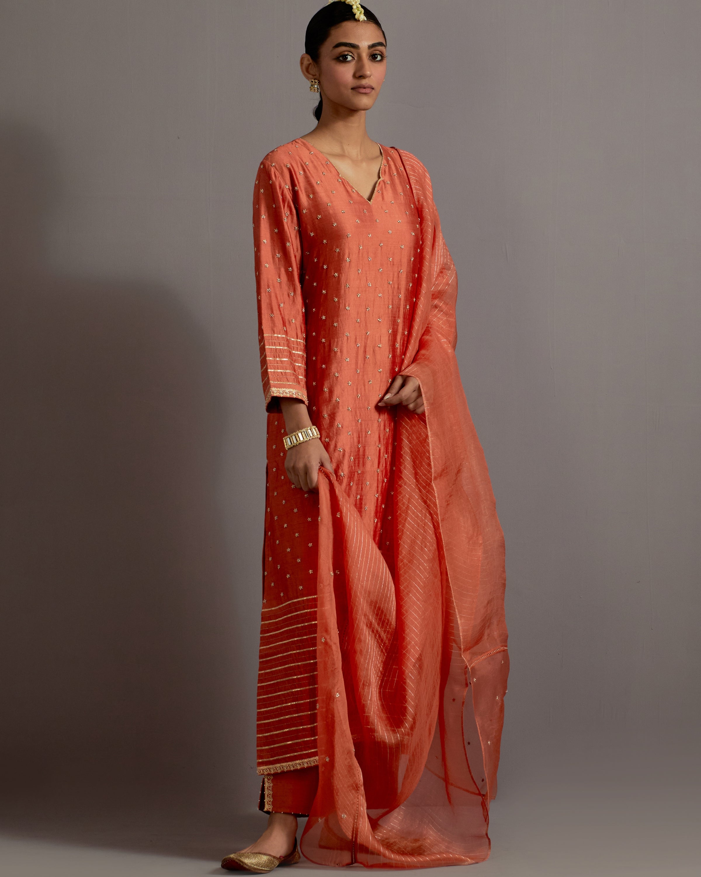Orange Boota And Stripes Embroidered Straight Kurta Set