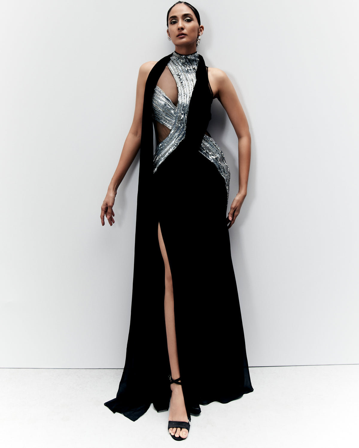 The Black With Comet Blue Cosmic Refraction Sari Gown