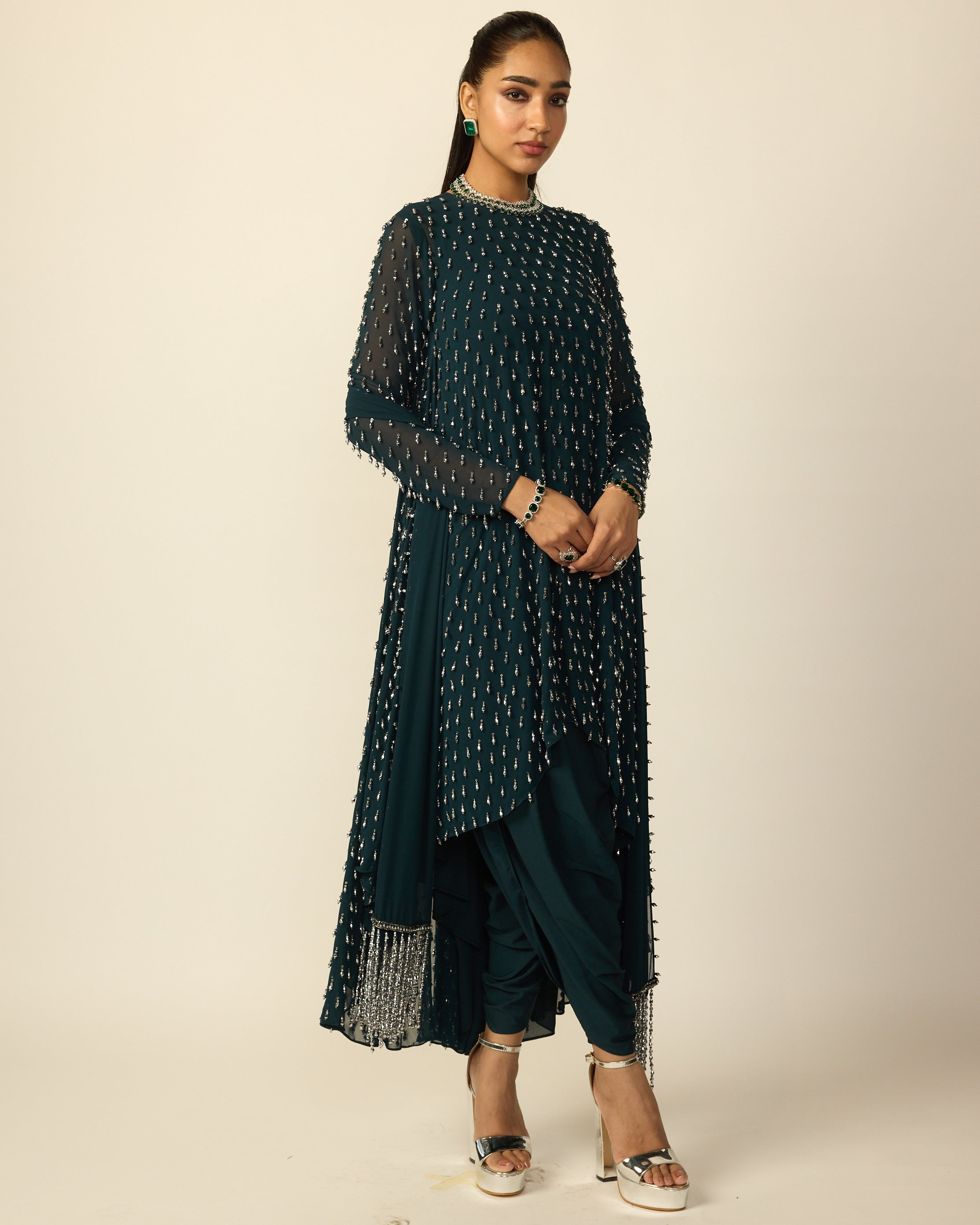 Dark Teal Silver Drop Kurta With Stole