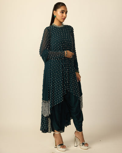 Dark Teal Silver Drop Kurta With Stole