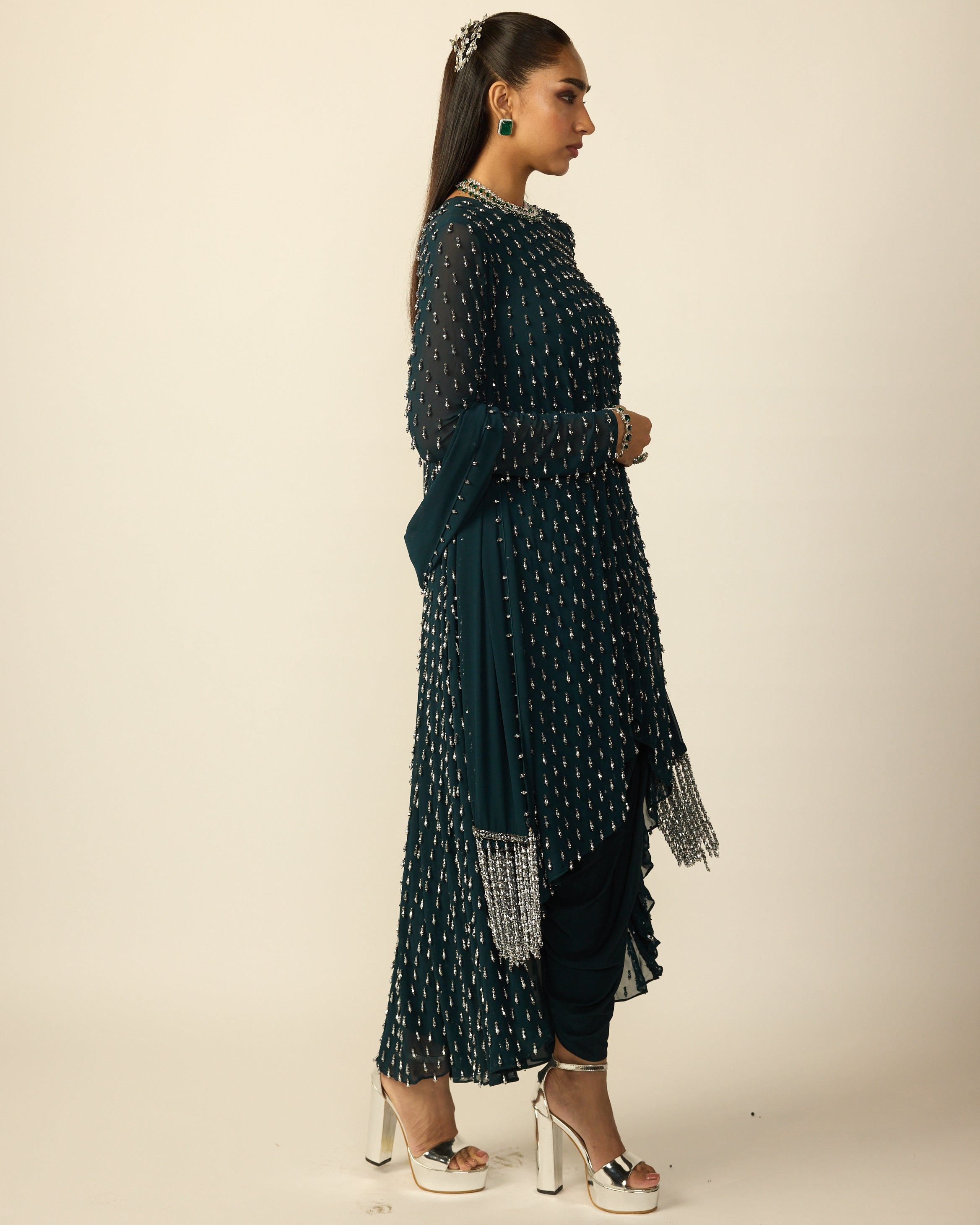 Dark Teal Silver Drop Kurta With Stole