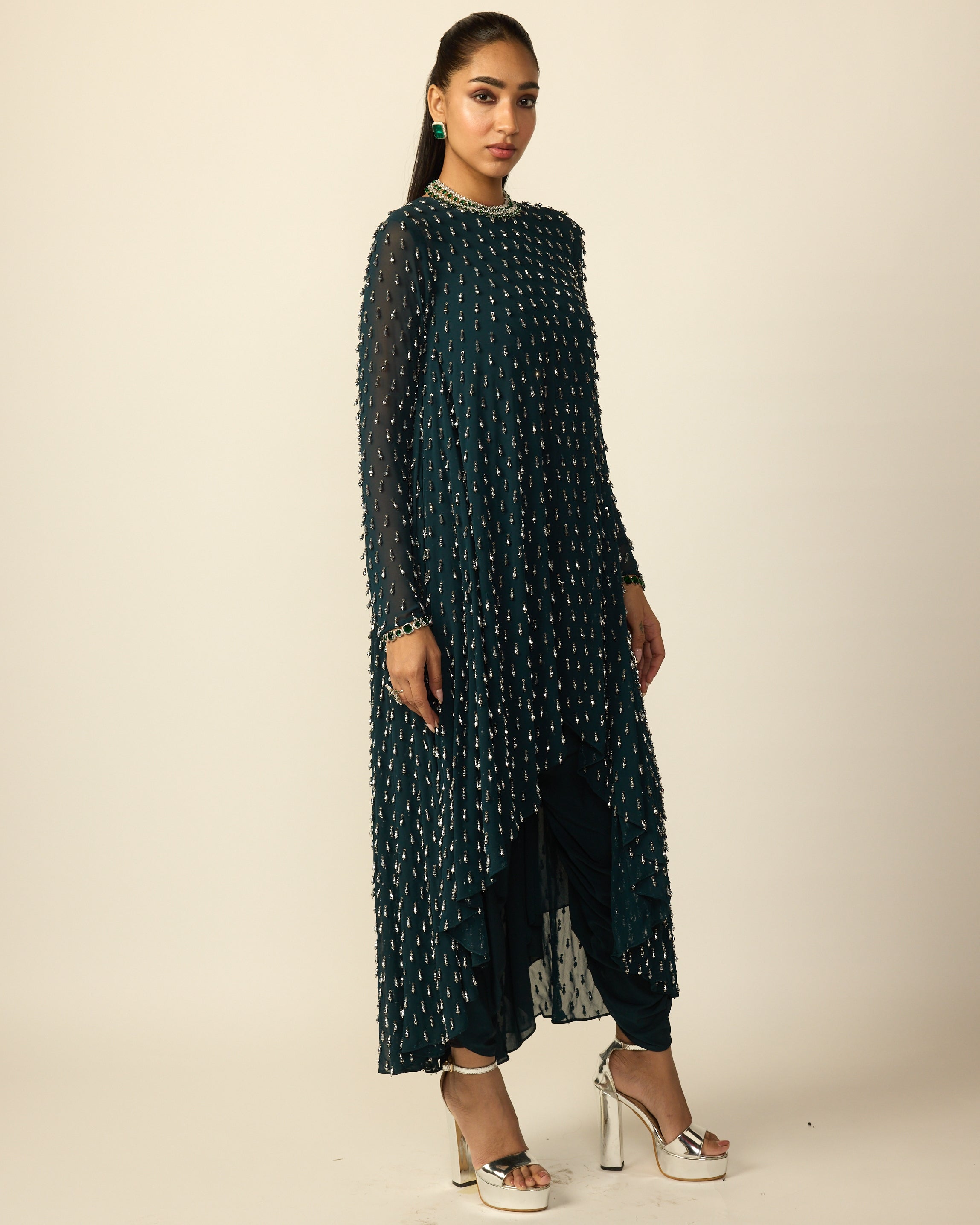 Dark Teal Silver Drop Kurta With Stole