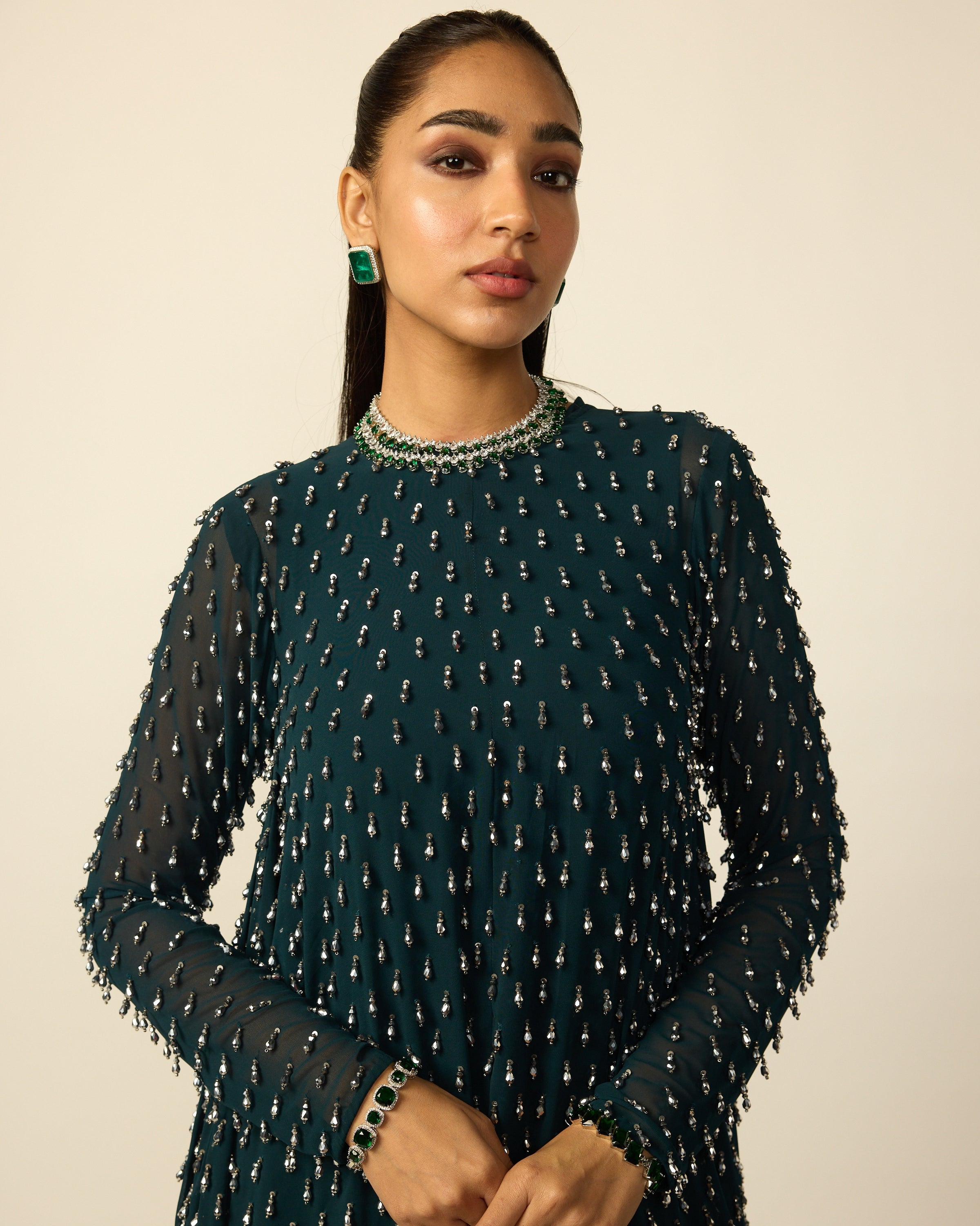 Dark Teal Silver Drop Kurta With Stole