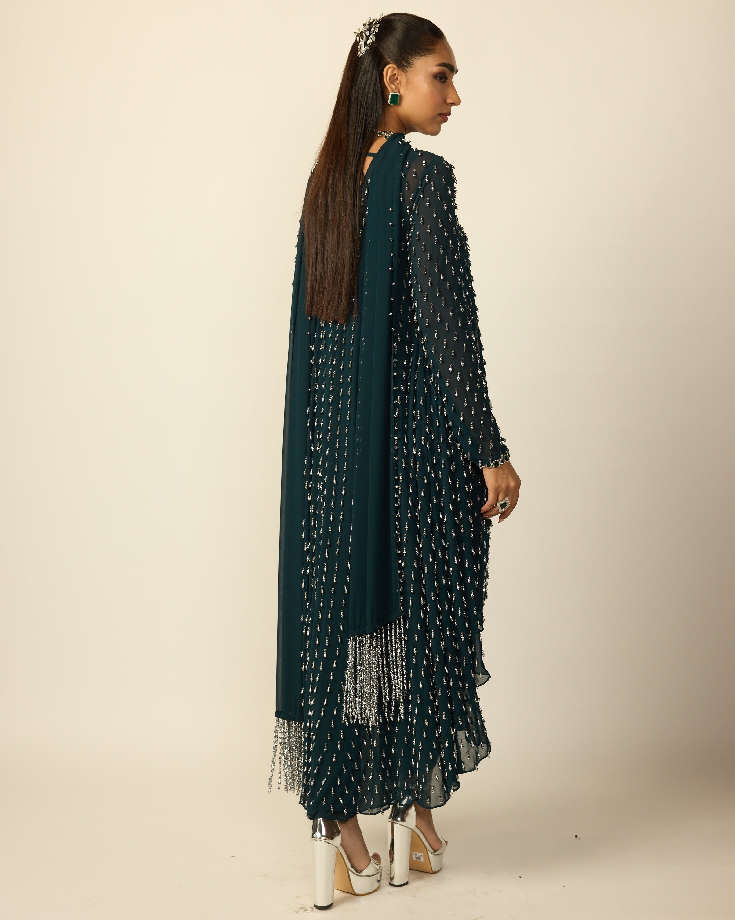 Dark Teal Silver Drop Kurta With Stole