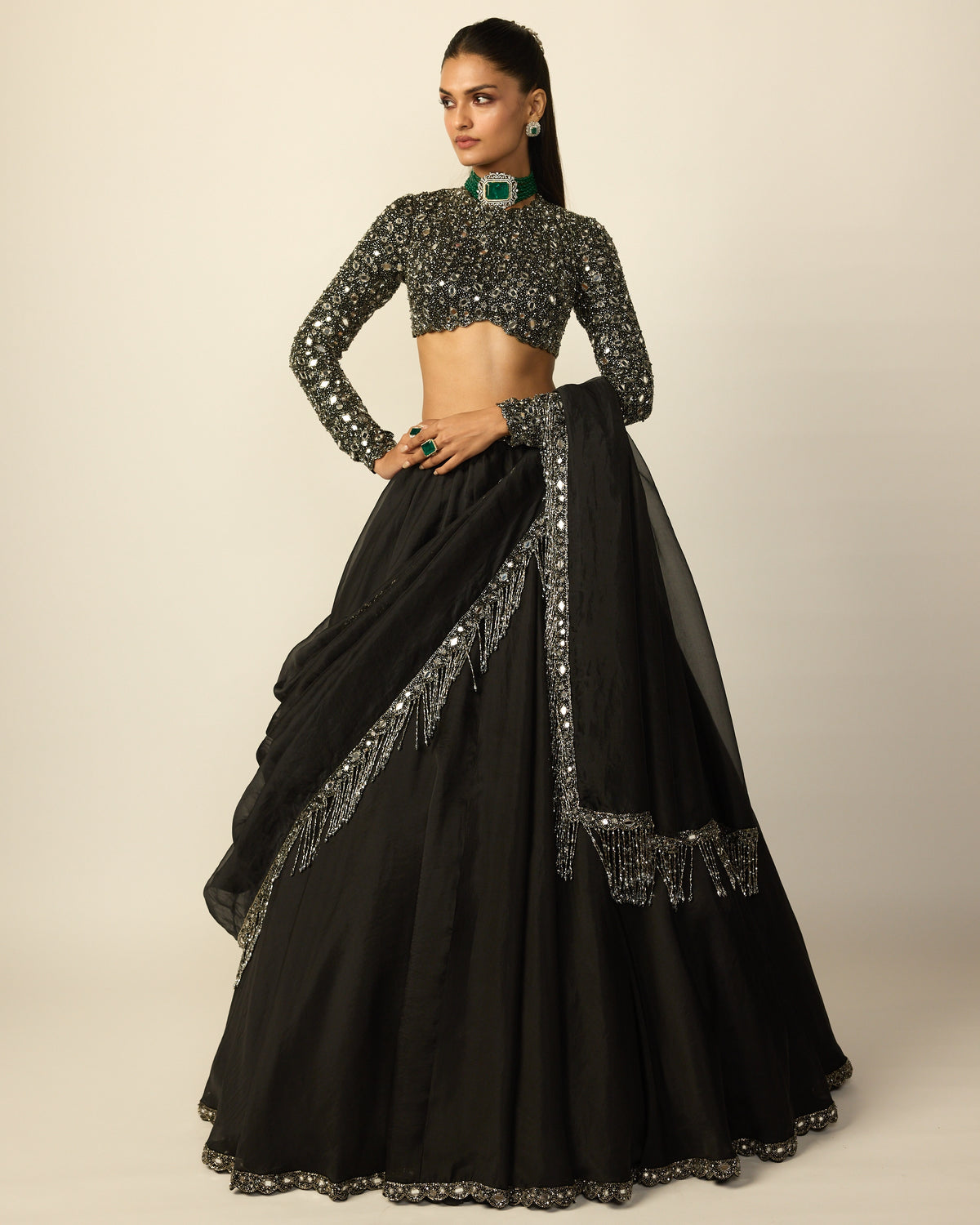 Black Tassel Dupatta Lehenga Set