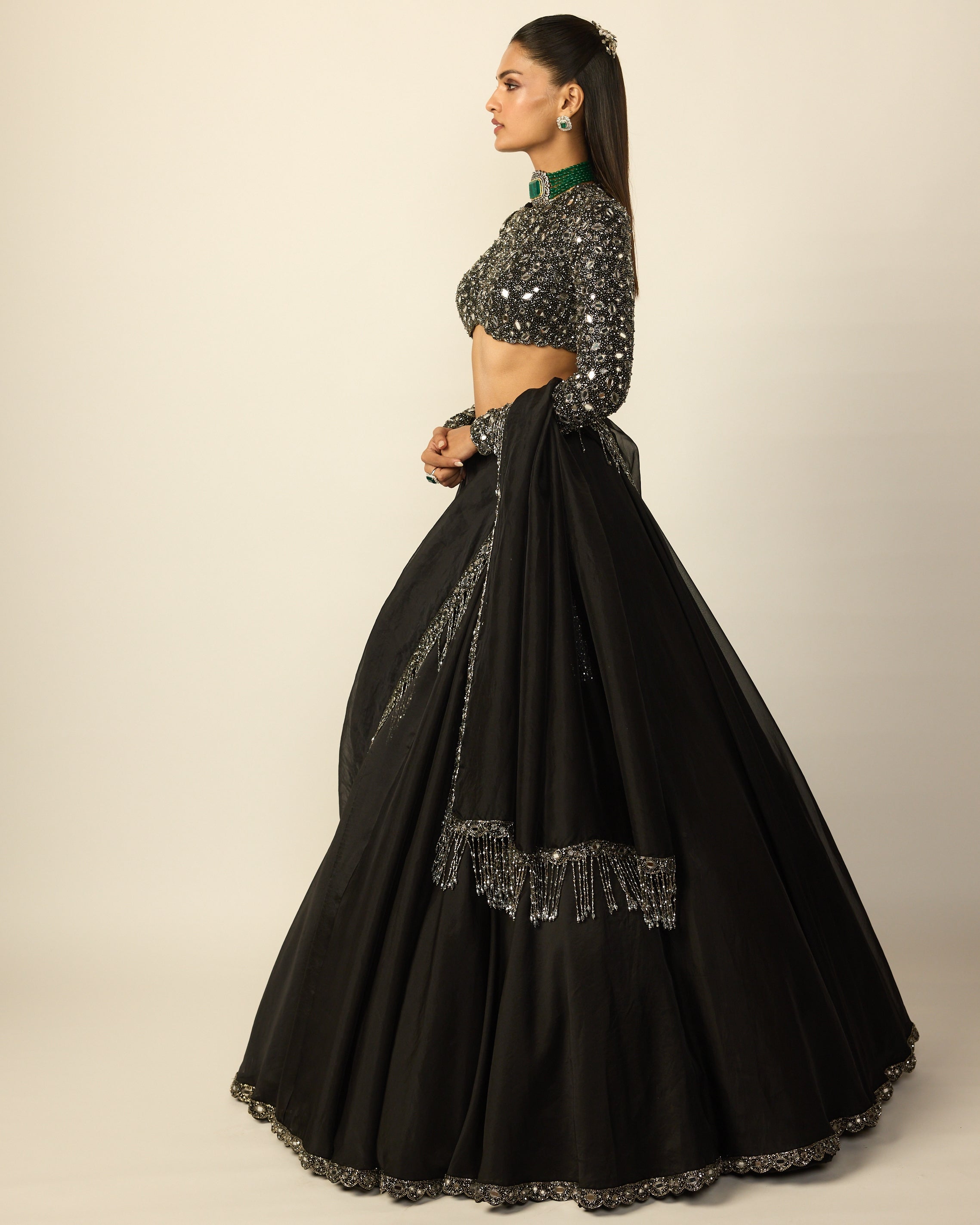 Black Tassel Dupatta Lehenga Set