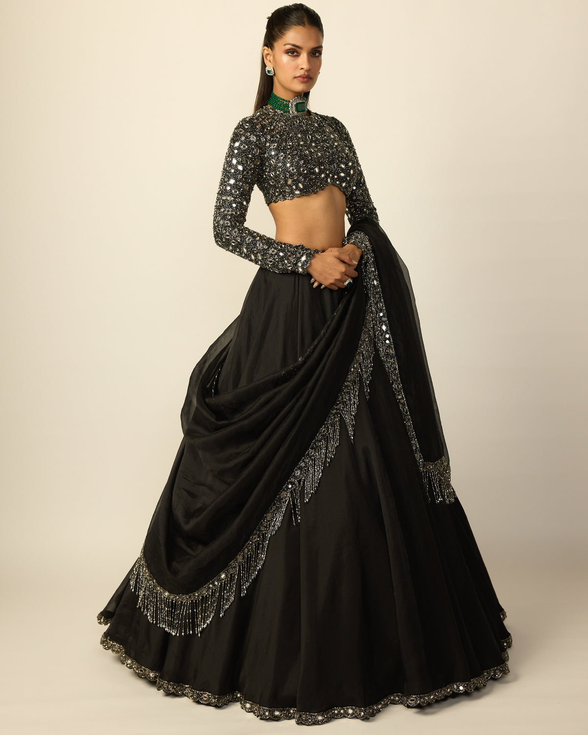 Black Tassel Dupatta Lehenga Set