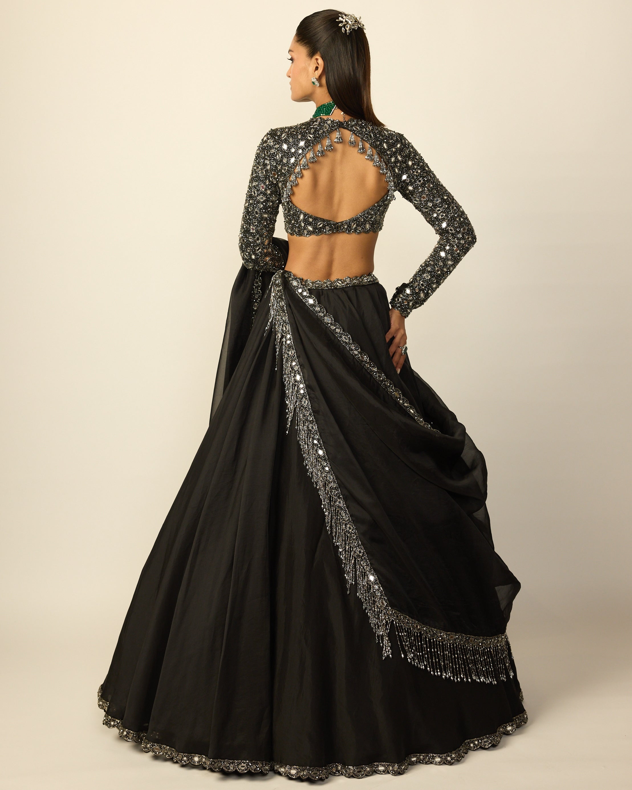 Black Tassel Dupatta Lehenga Set