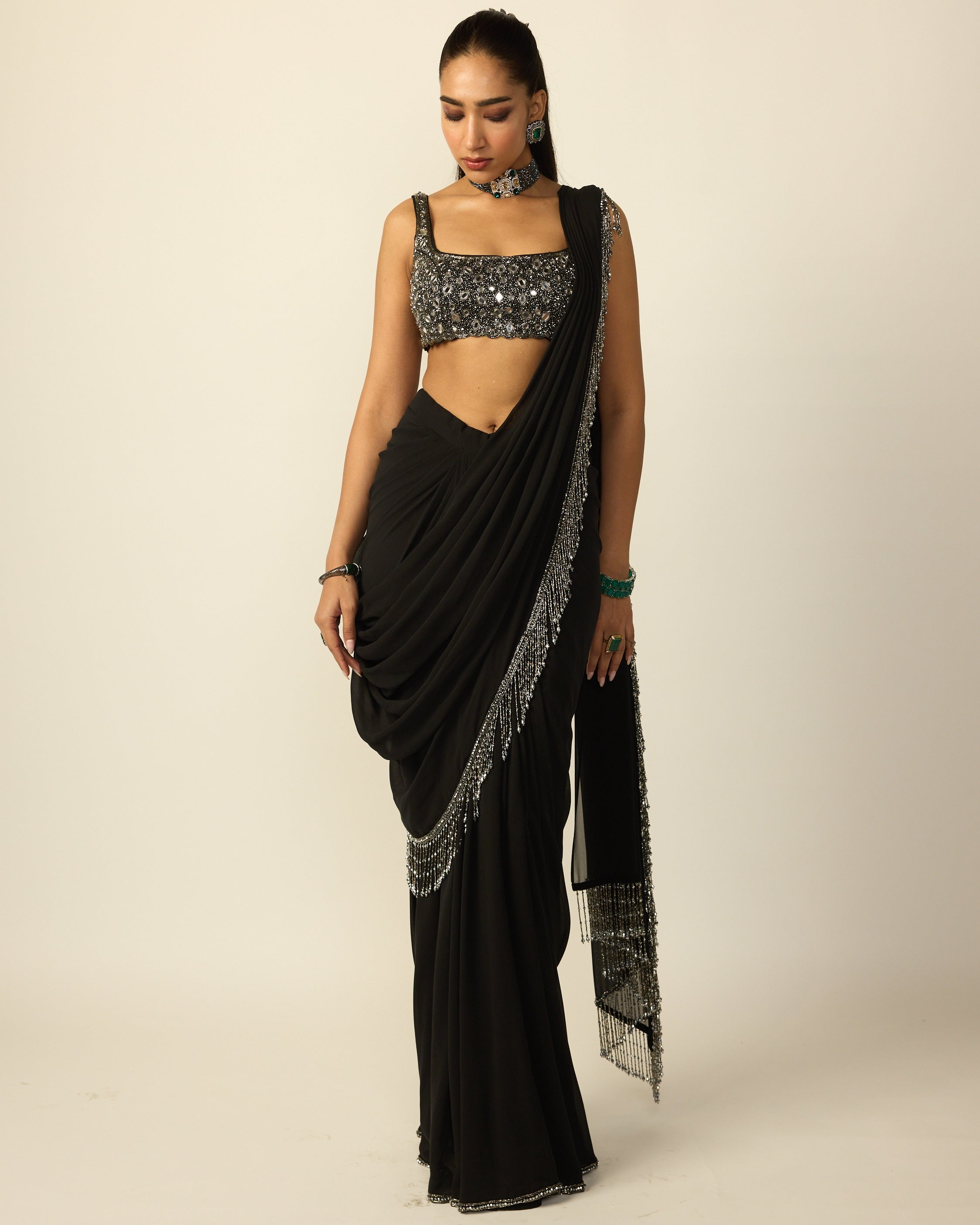 Black Georgette Tassel Sari