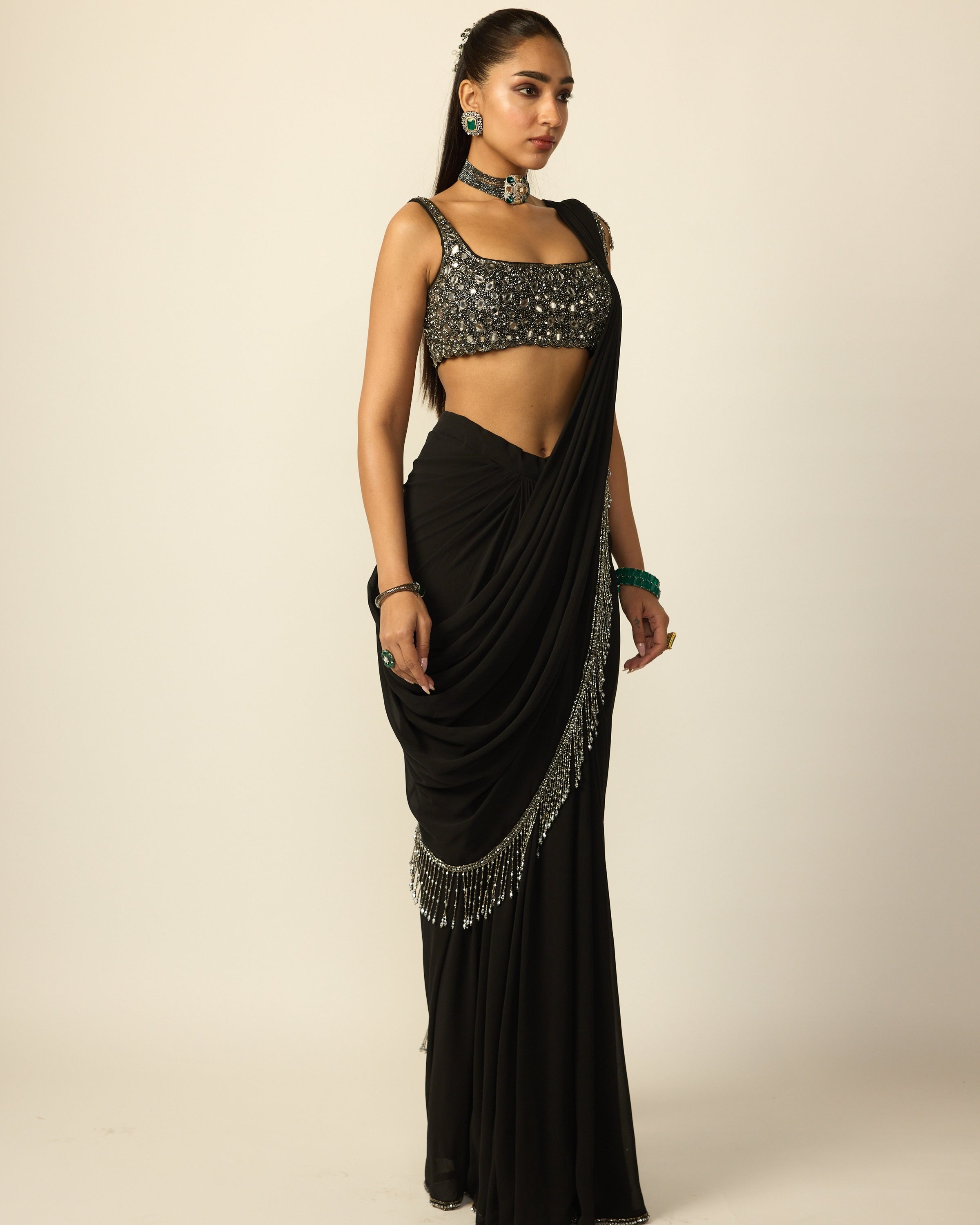Black Georgette Tassel Sari