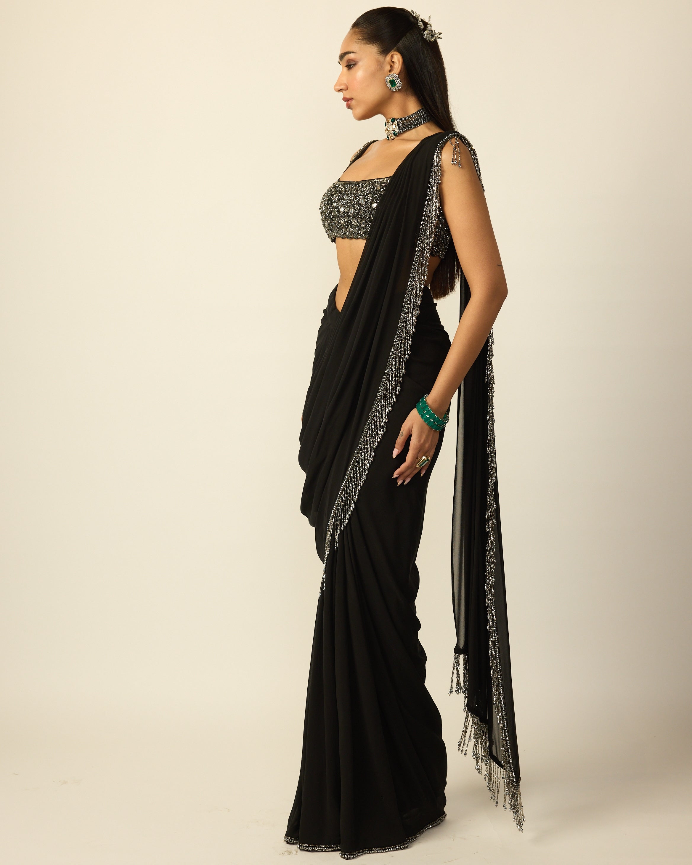 Black Georgette Tassel Sari