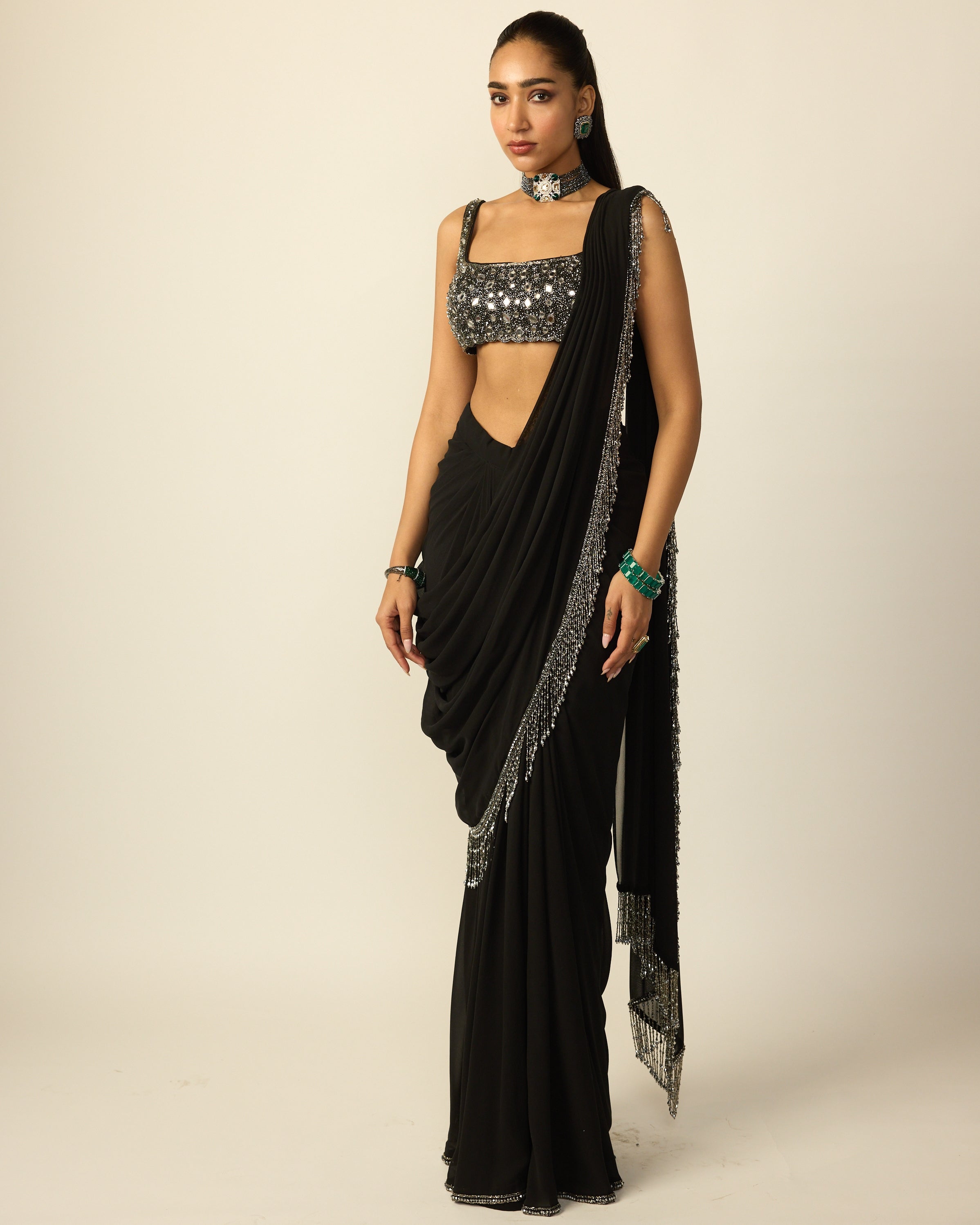 Black Georgette Tassel Sari