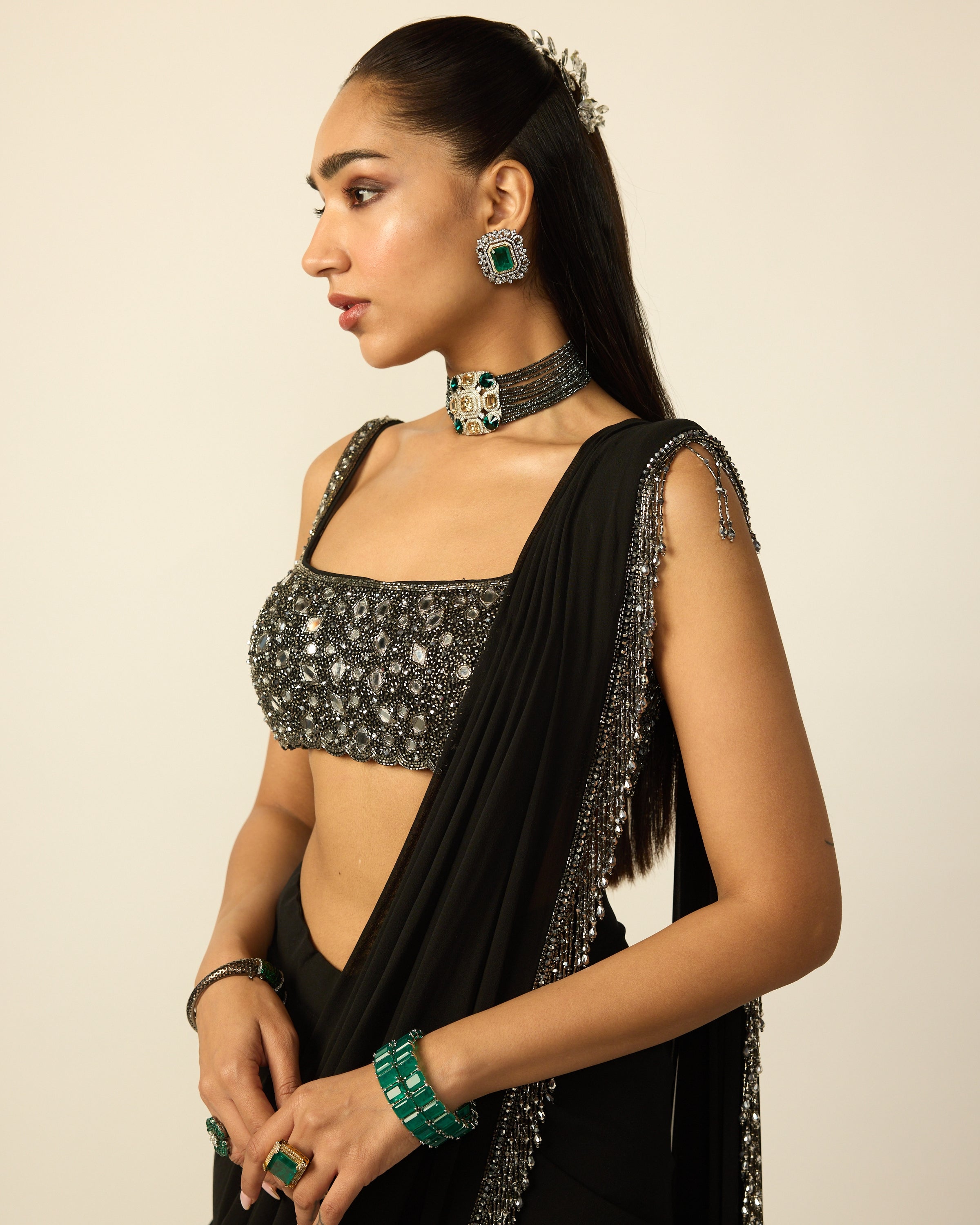Black Georgette Tassel Sari