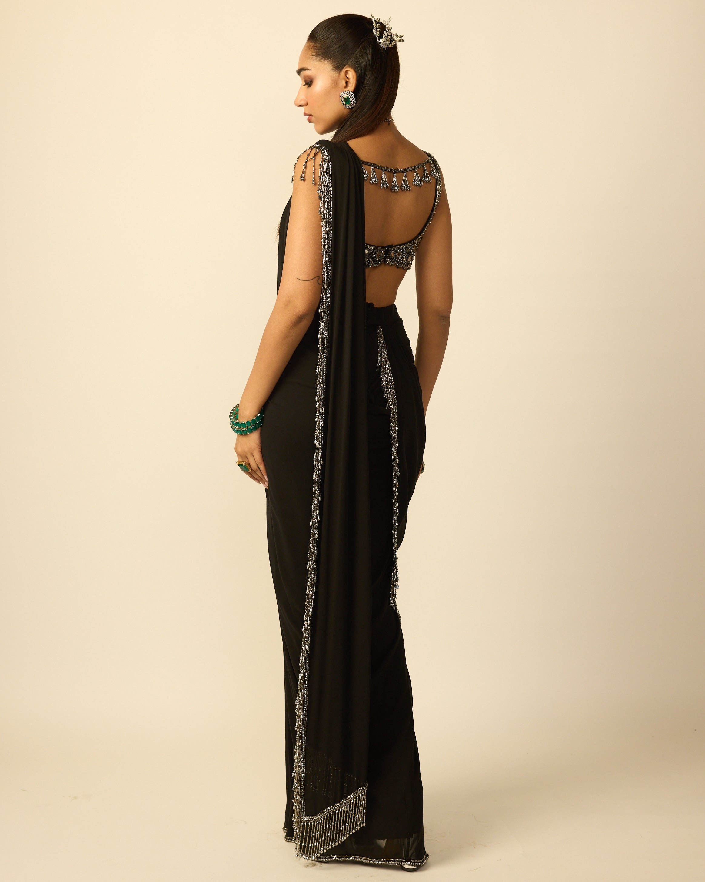 Black Georgette Tassel Sari