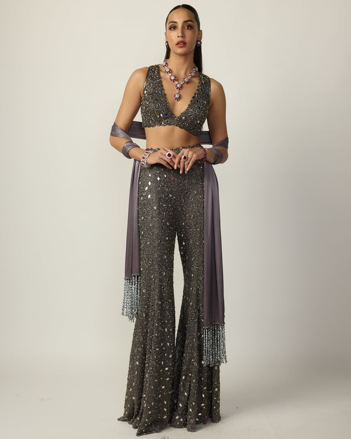 Metallic Grey Sharara Pant Set