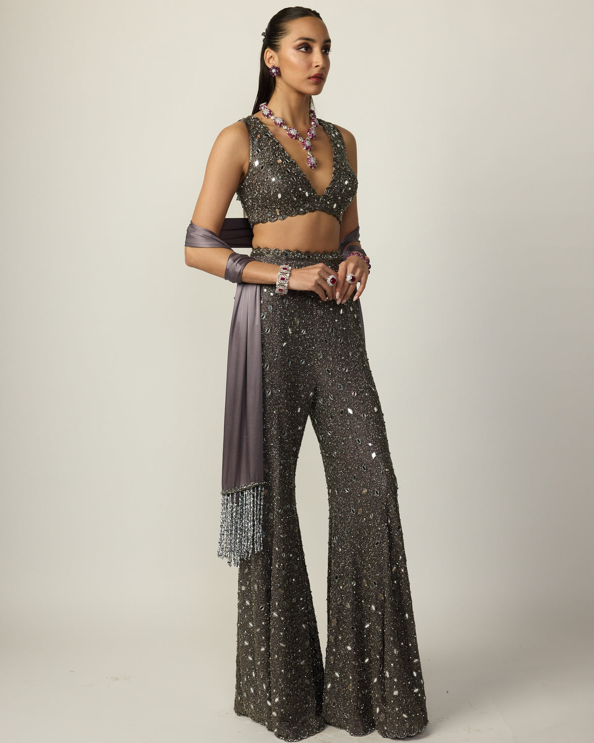 Metallic Grey Sharara Pant Set
