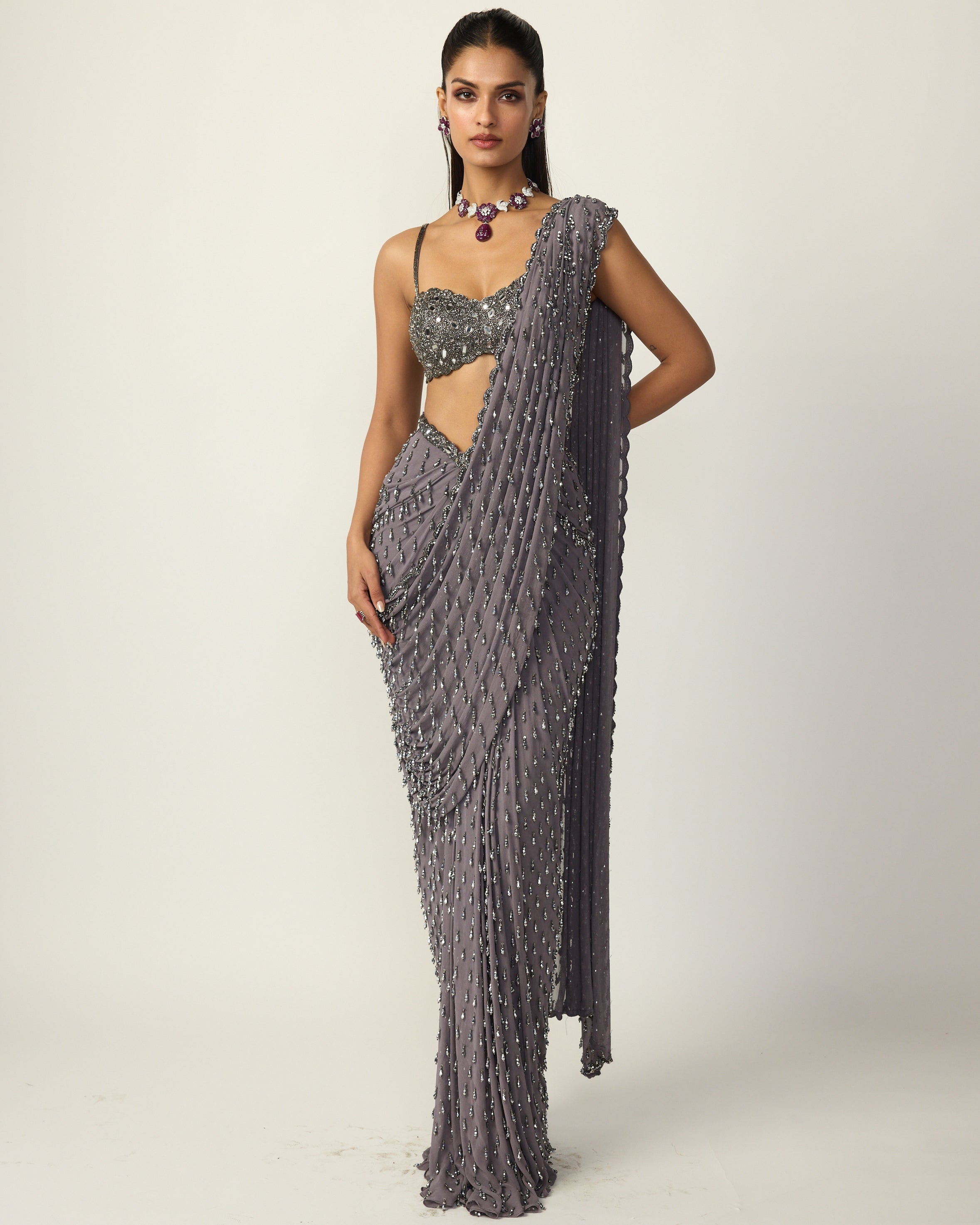 Metallic Grey Single Drop Draped Sari Set