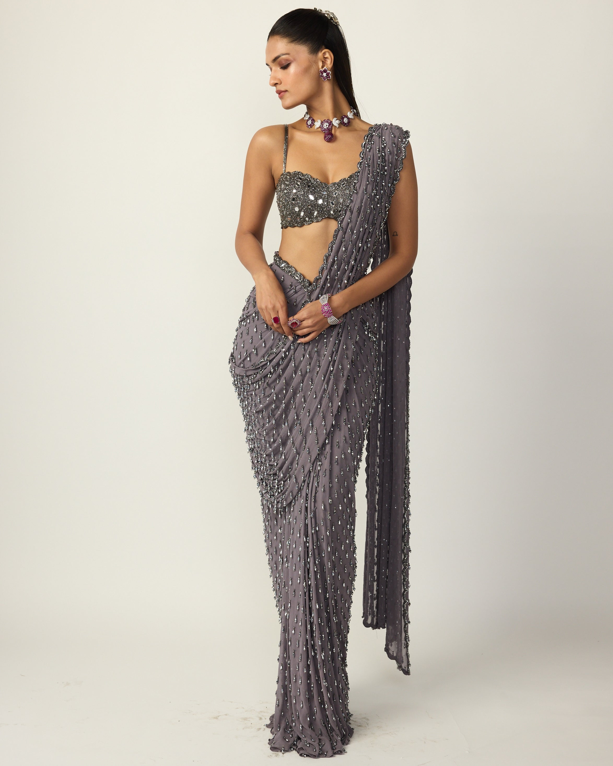 Metallic Grey Single Drop Draped Sari Set