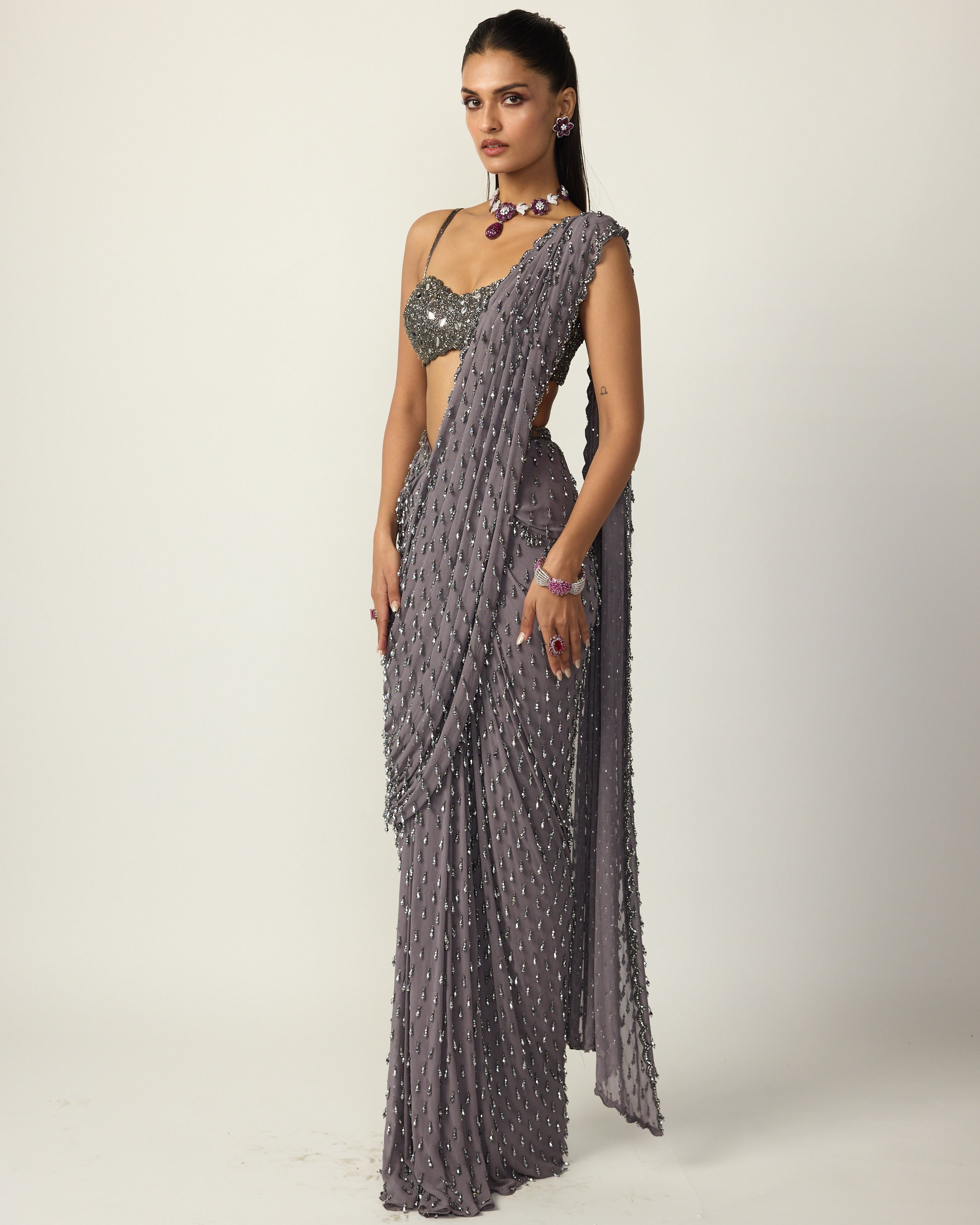 Metallic Grey Single Drop Draped Sari Set