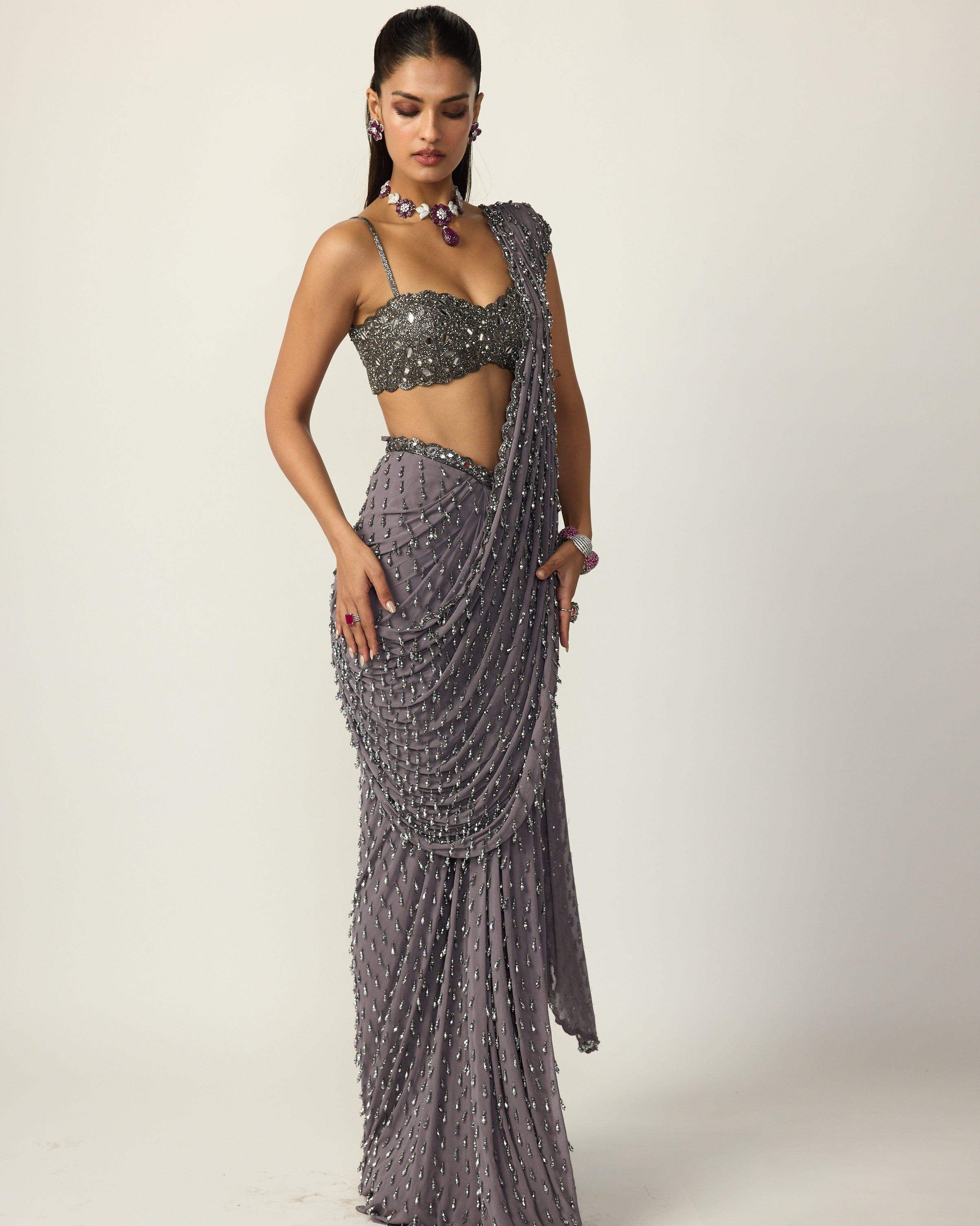 Metallic Grey Single Drop Draped Sari Set