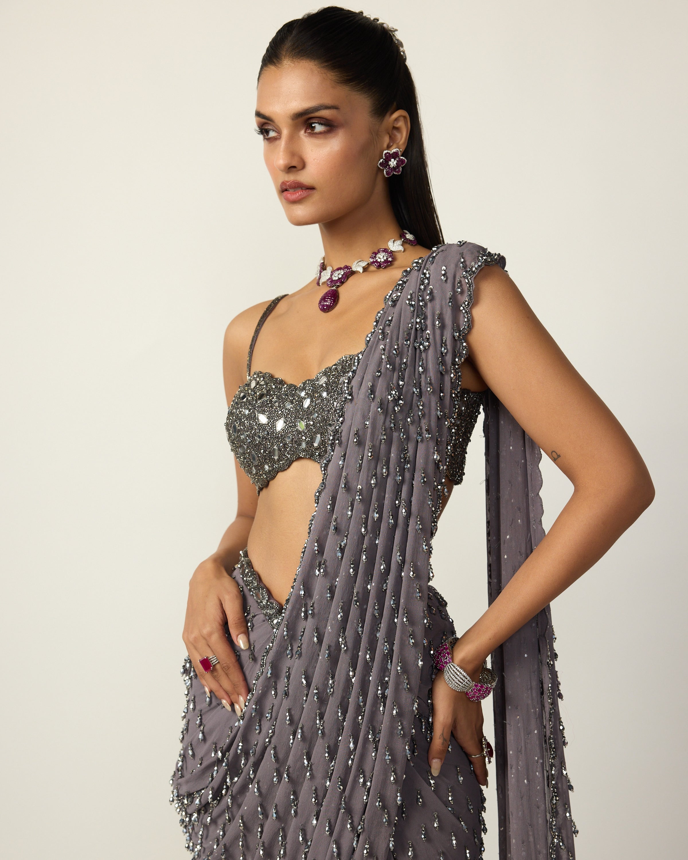 Metallic Grey Single Drop Draped Sari Set