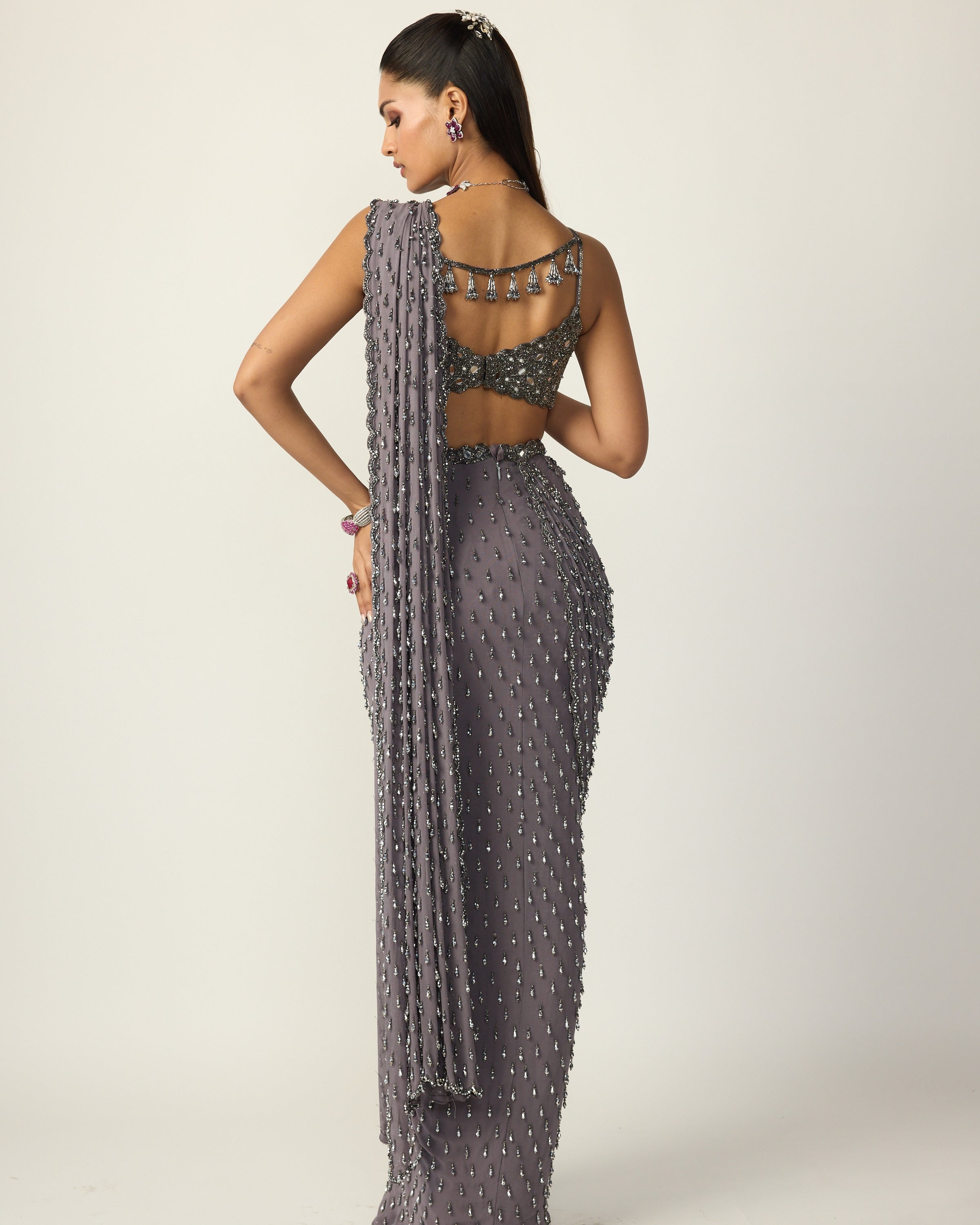 Metallic Grey Single Drop Draped Sari Set