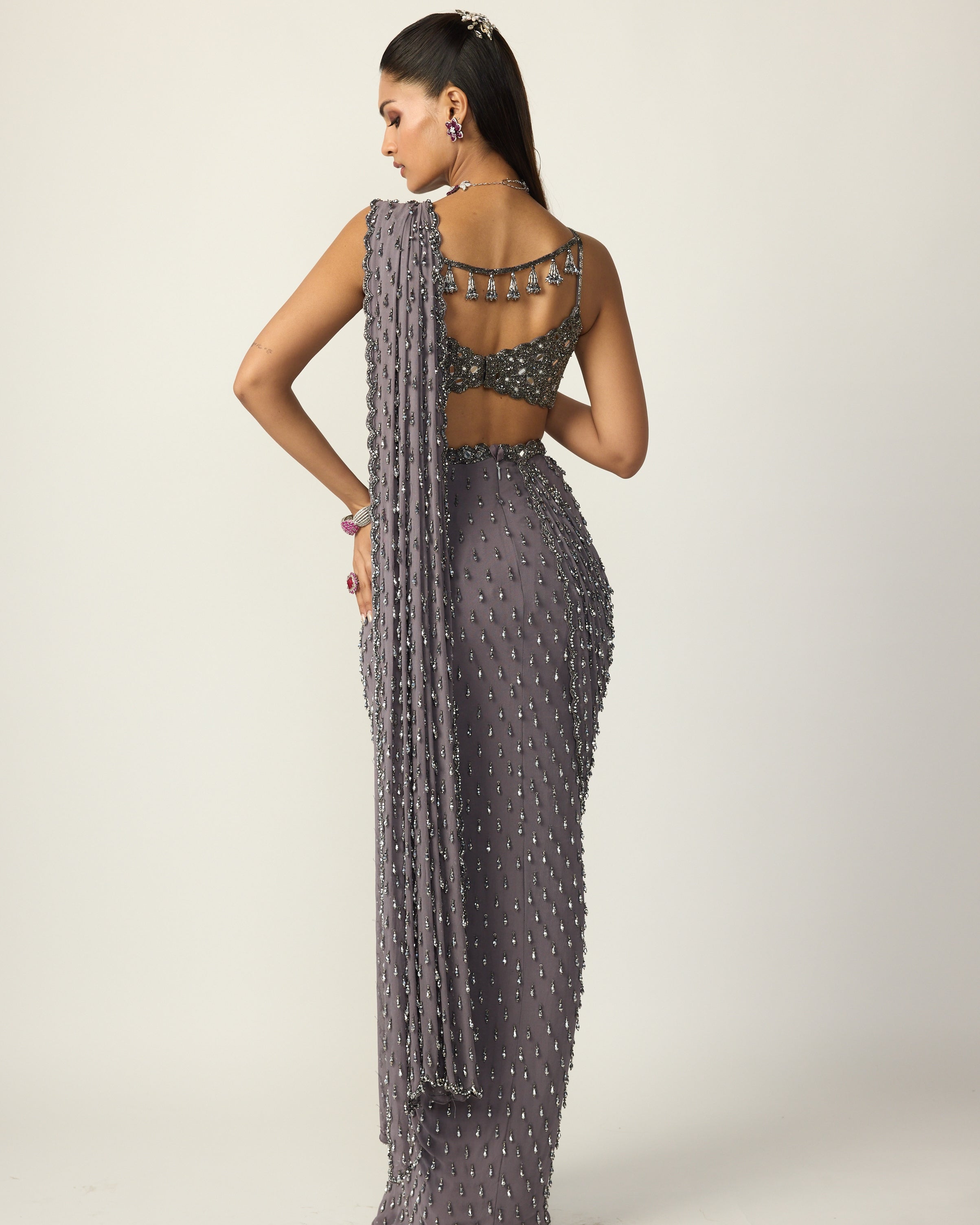 Metallic Grey Single Drop Draped Sari Set