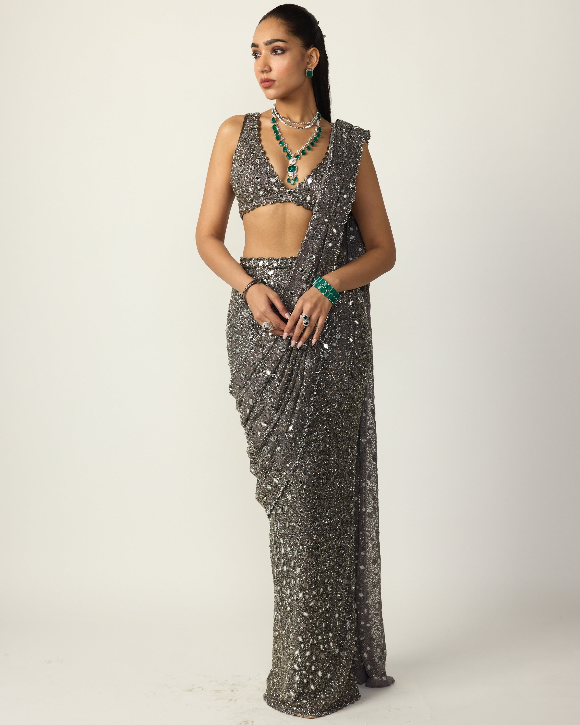 Metallic Grey Draped Sari Set