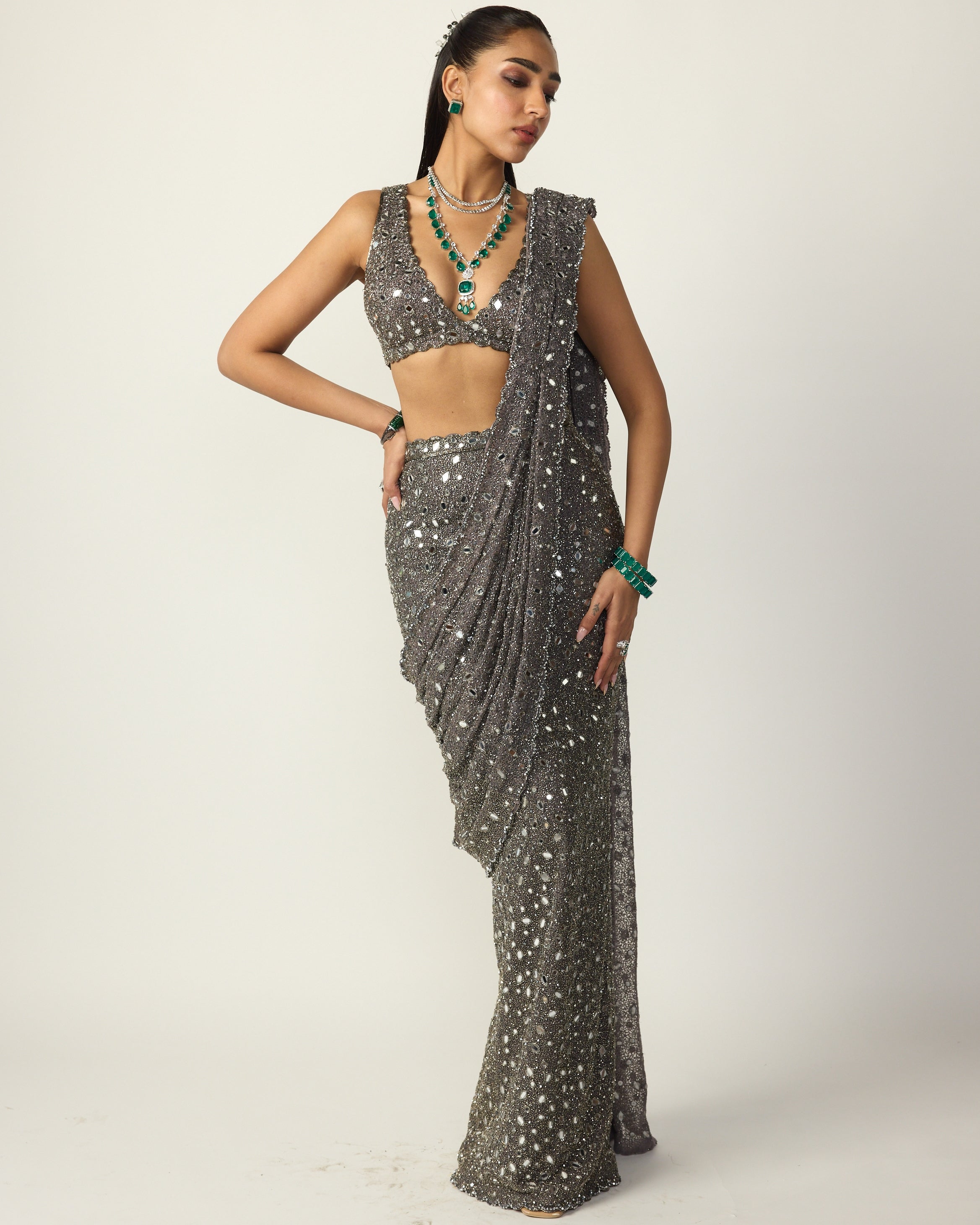 Metallic Grey Draped Sari Set