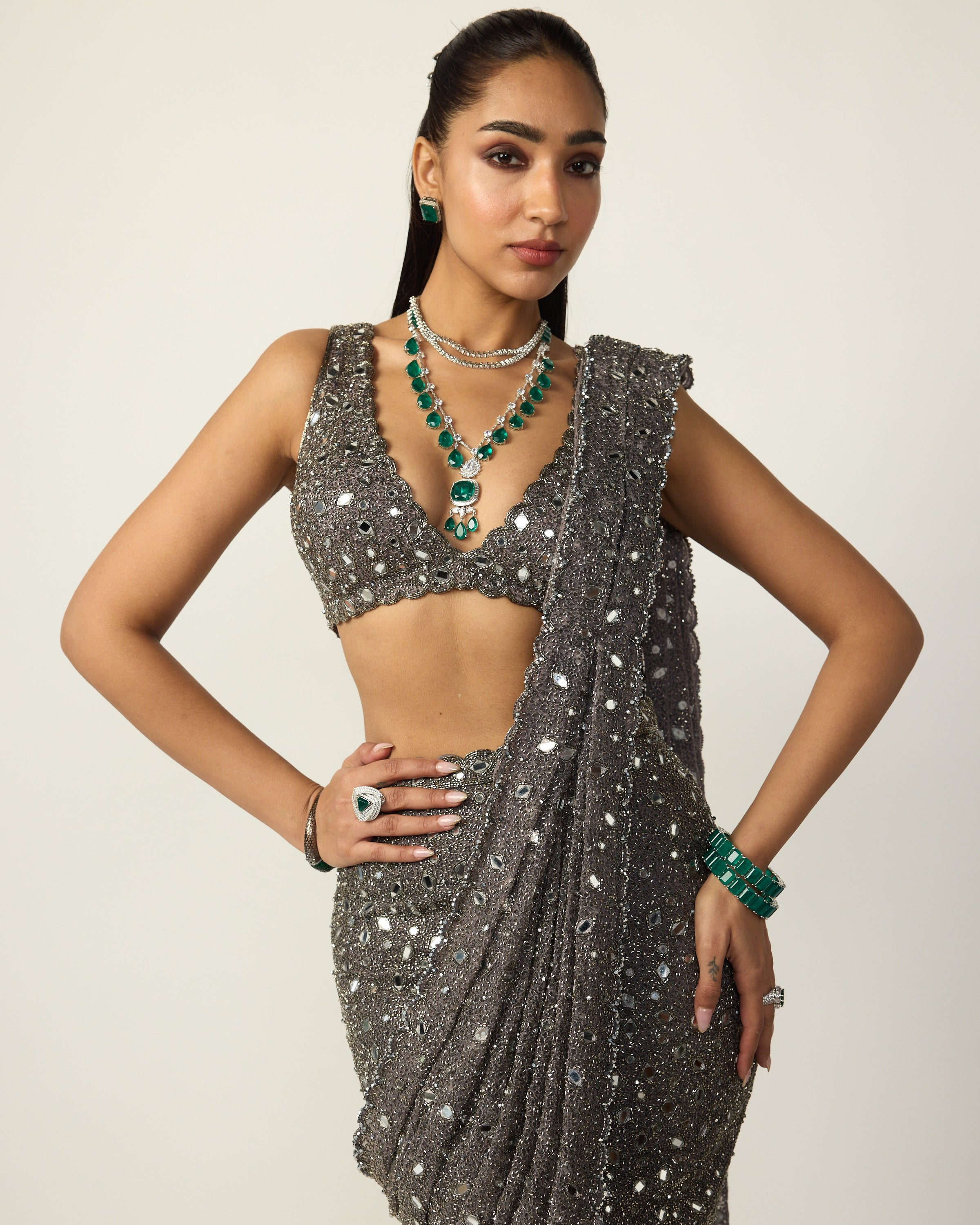 Metallic Grey Draped Sari Set