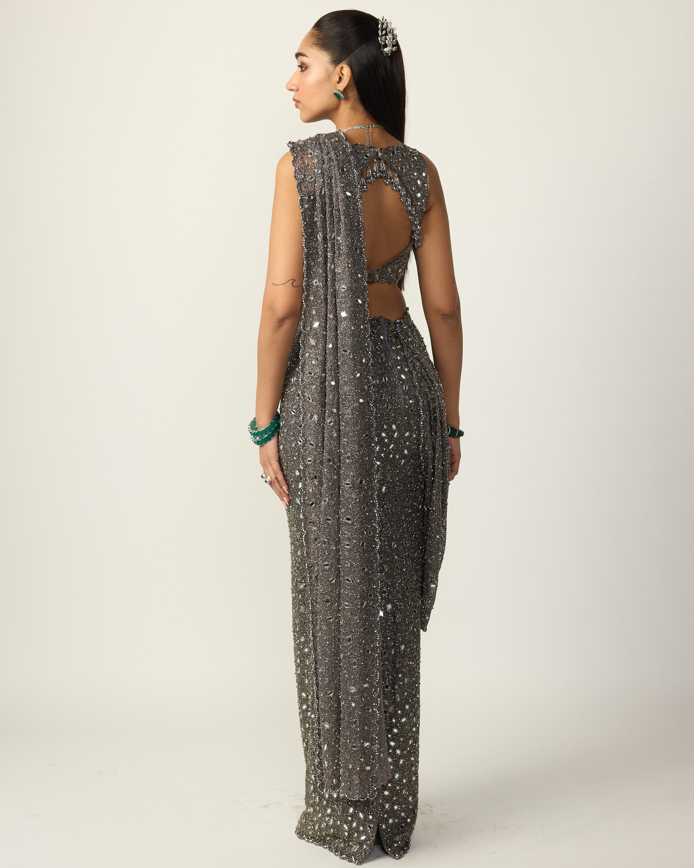 Metallic Grey Draped Sari Set