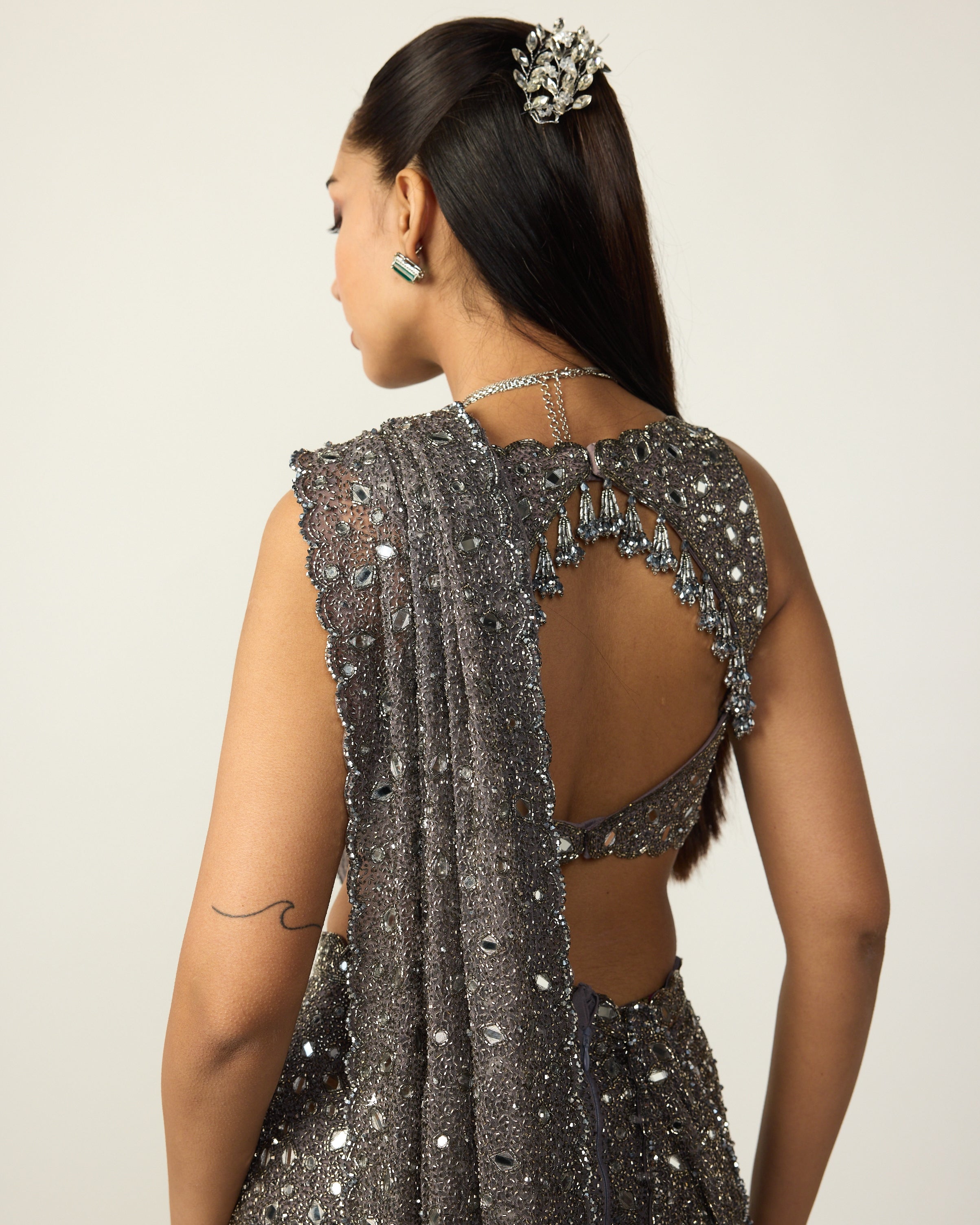 Metallic Grey Draped Sari Set