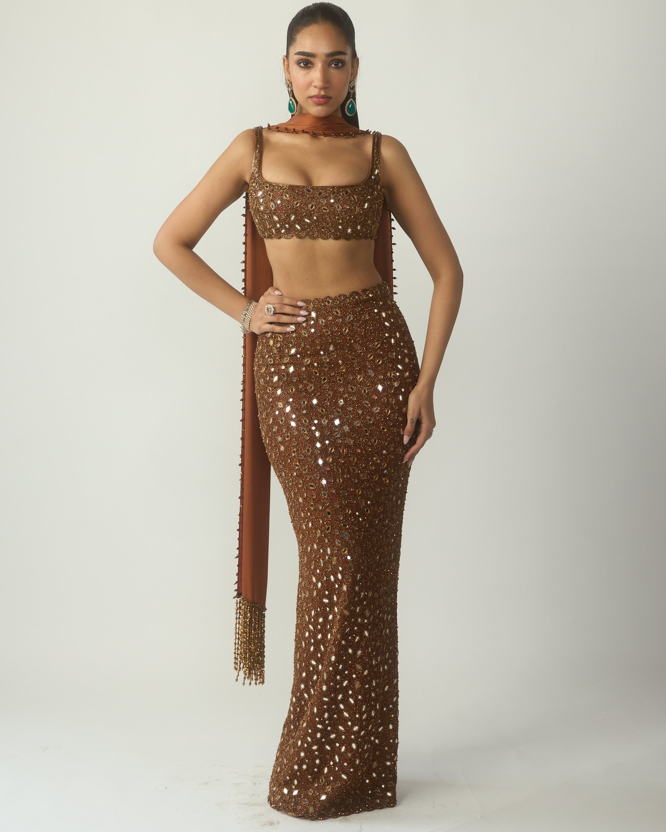 Metallic Copper Pencil Skirt Set