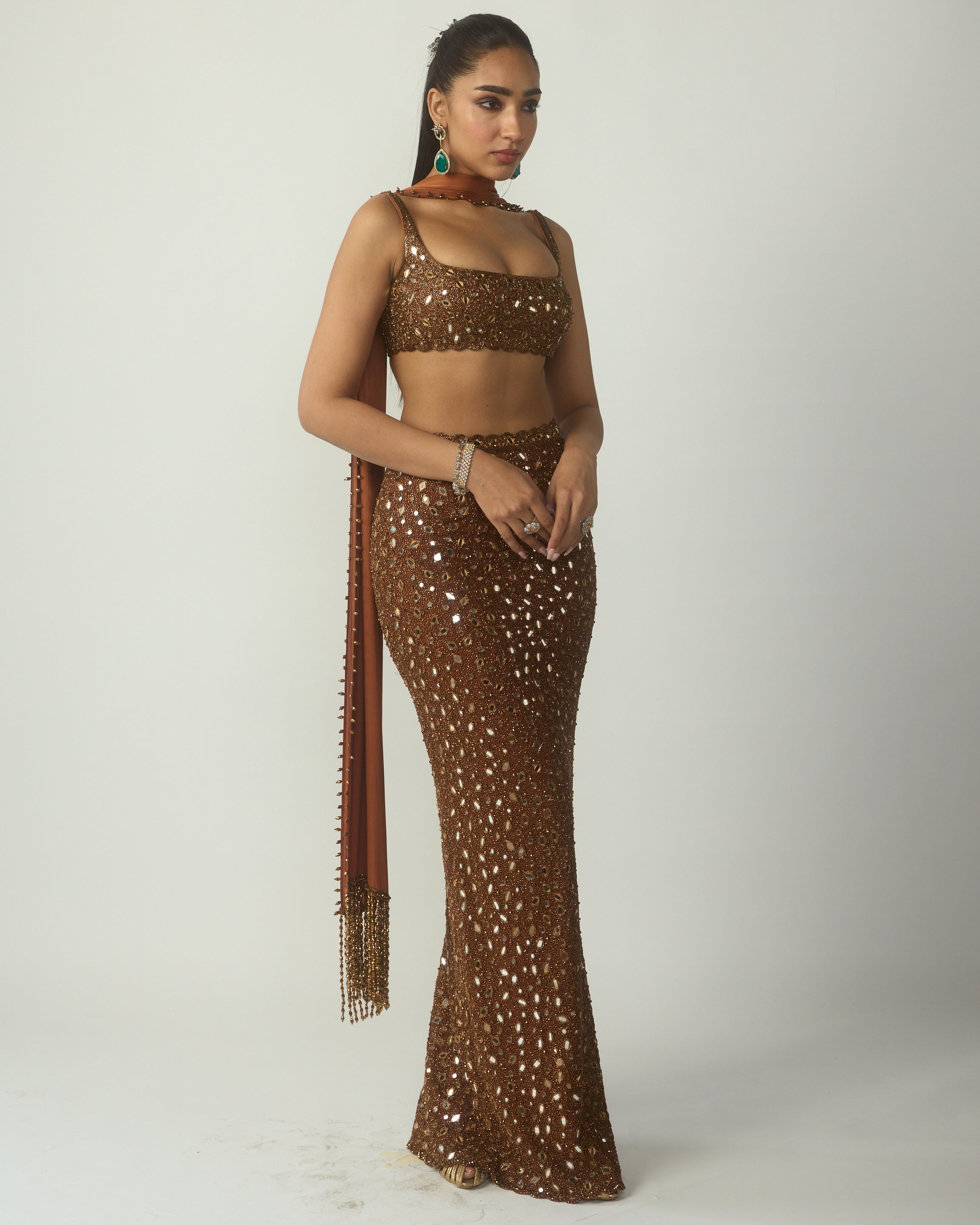 Metallic Copper Pencil Skirt Set