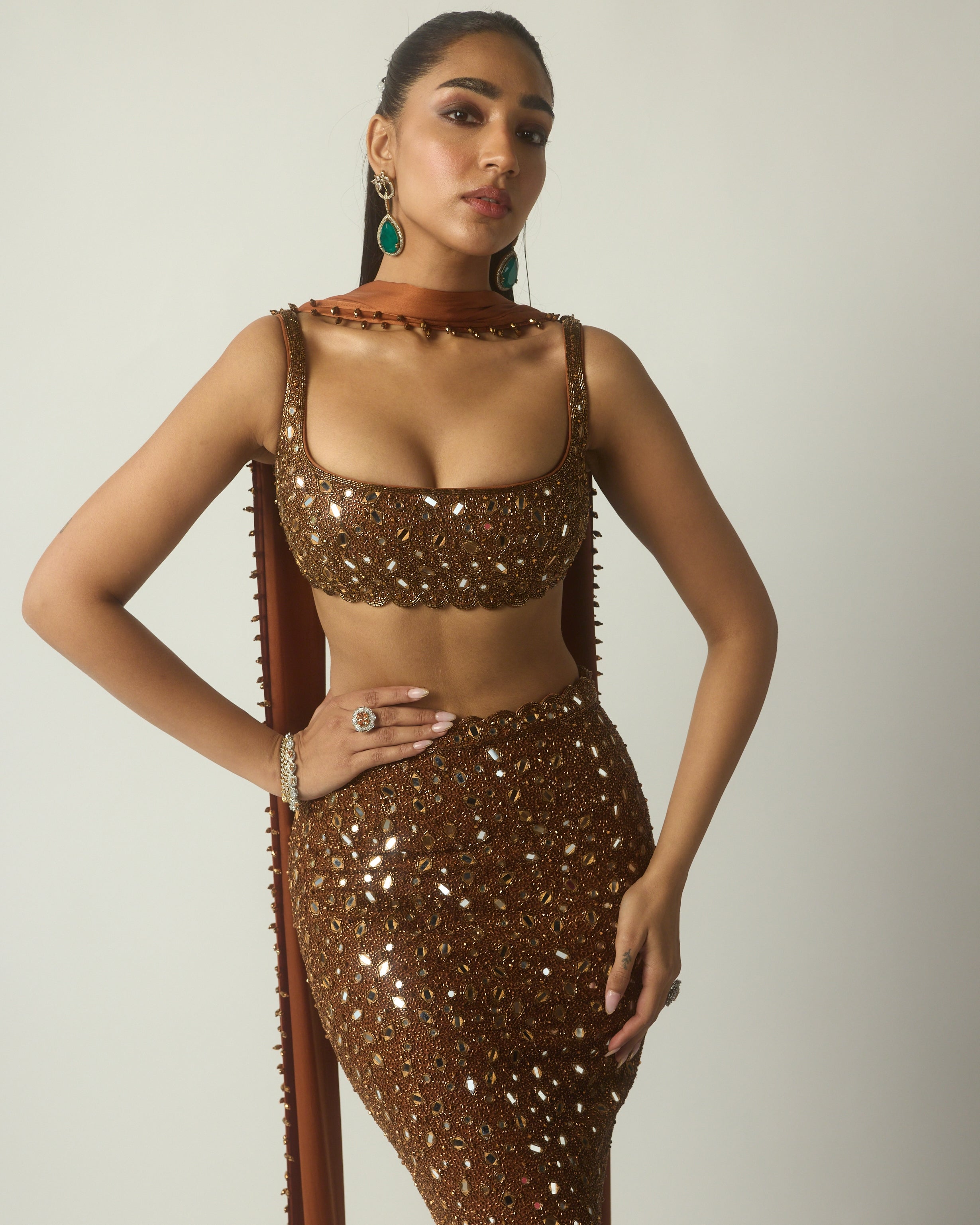 Metallic Copper Pencil Skirt Set