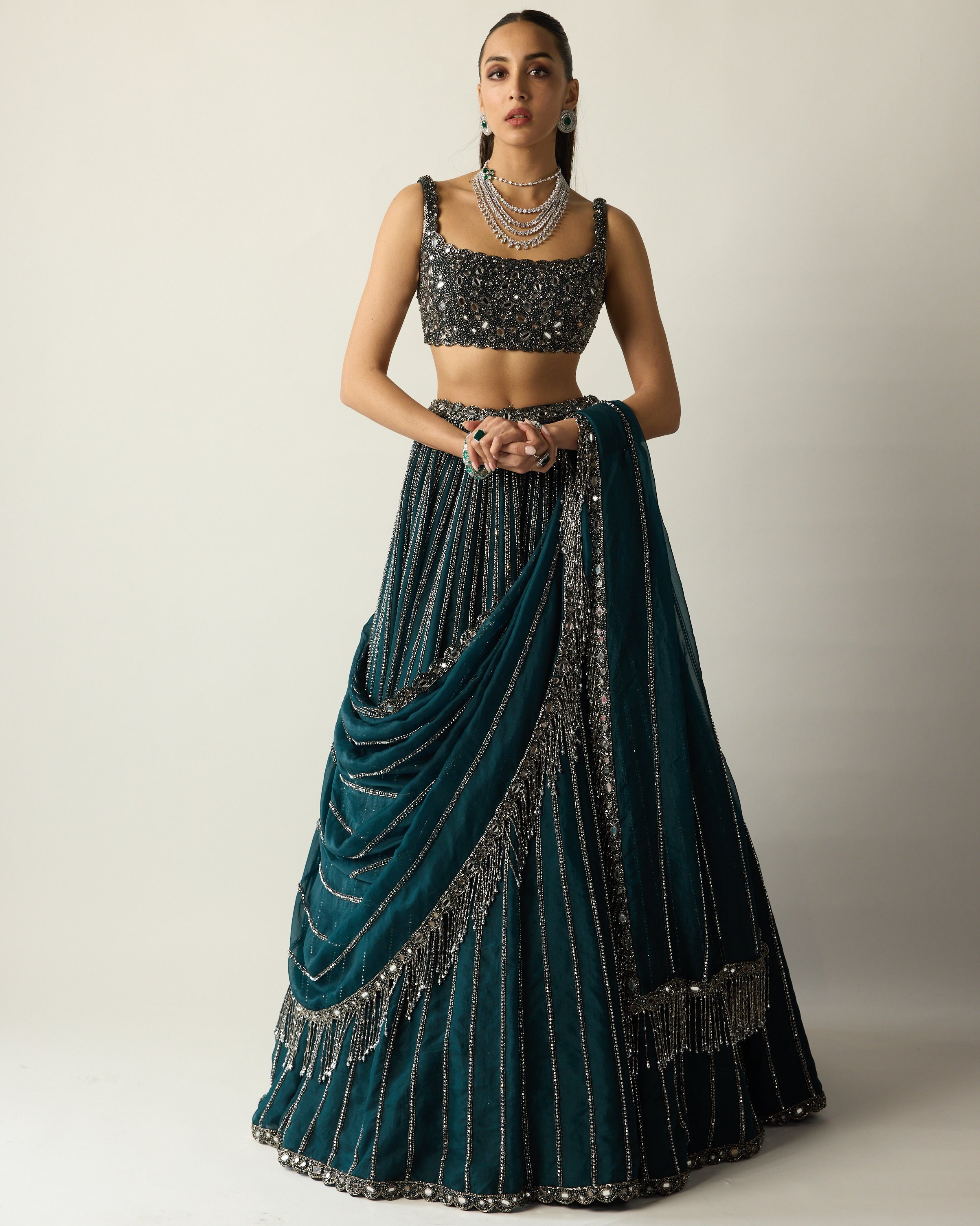 Dark Teal Linear Lehenga Set