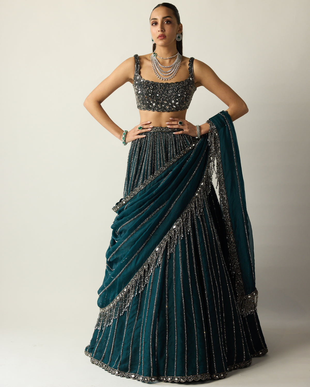 Dark Teal Linear Lehenga Set