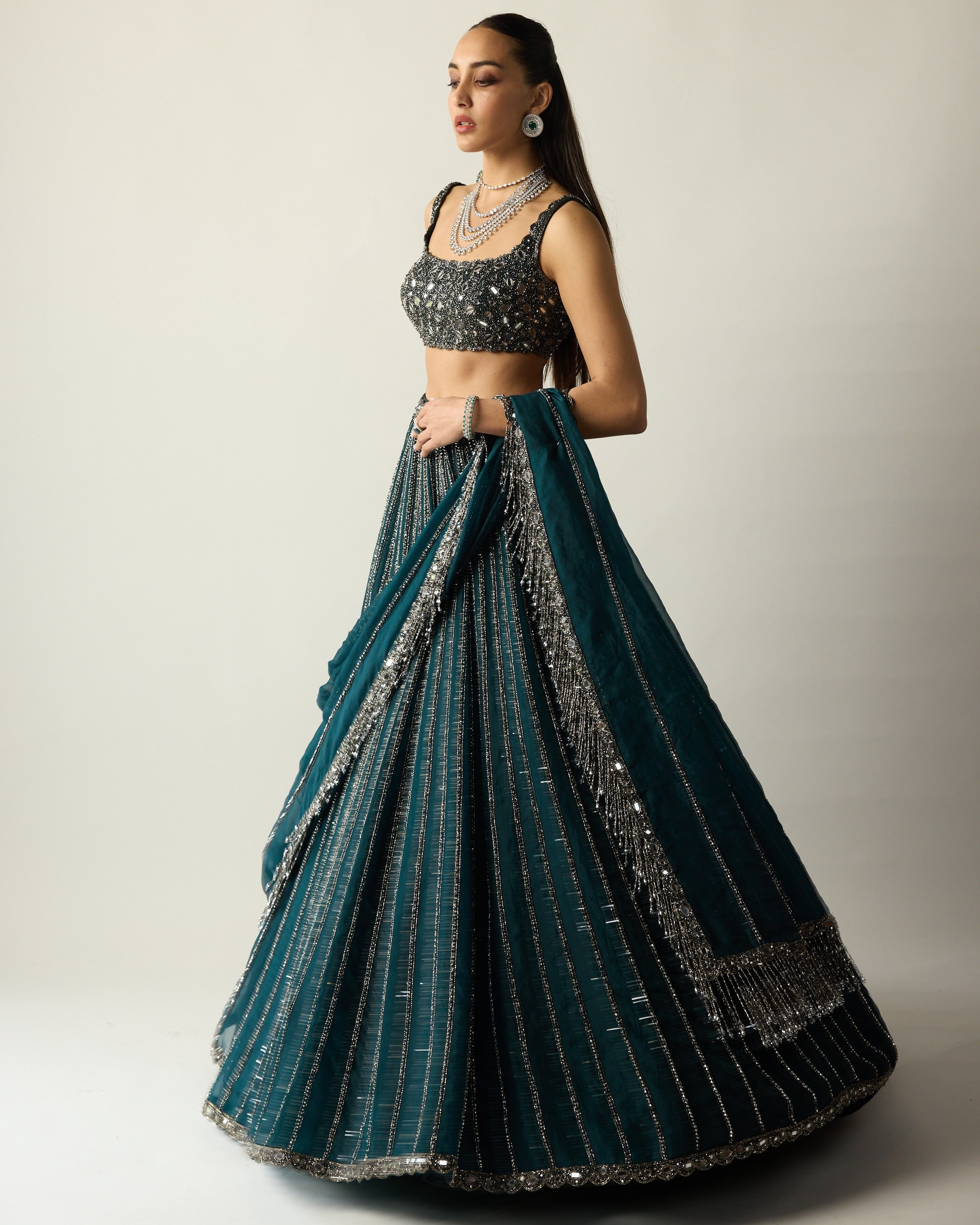 Dark Teal Linear Lehenga Set